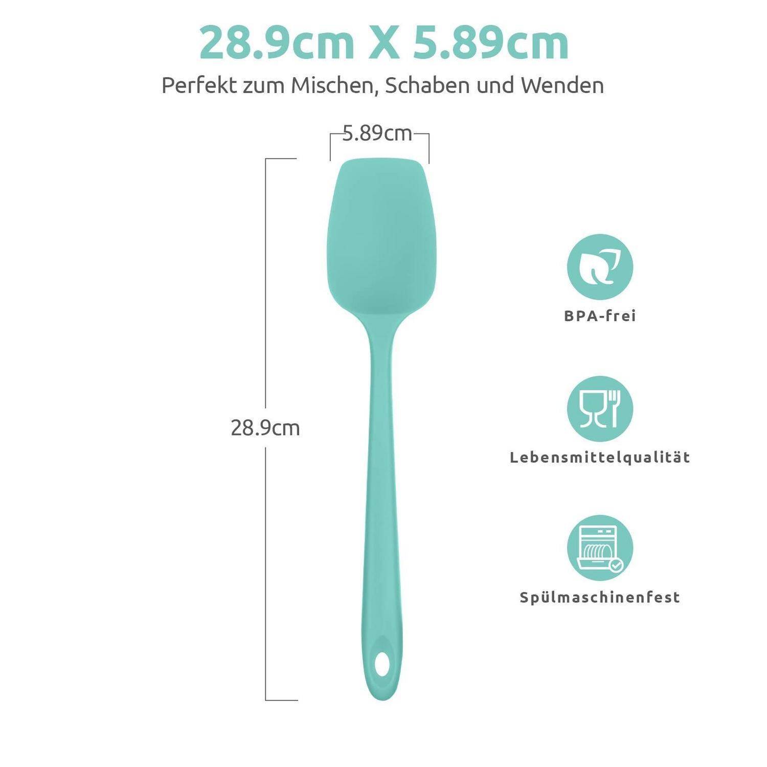 Türkisfarbener Silikonspatel mit den Abmessungen 28,9 cm Länge und 5,89 cm Breite; gekennzeichnet als BPA-frei, lebensmittelecht und spülmaschinenfest, geeignet zum Mischen, Kratzen und Falten.