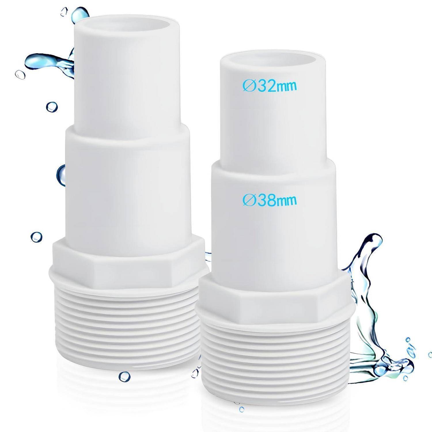 Zwei weiße Kunststoffrohr-Adapter mit Gewinde-Basen und Wasserspritzer-Hintergrund, mit der Bezeichnung Ø32mm und Ø38mm.