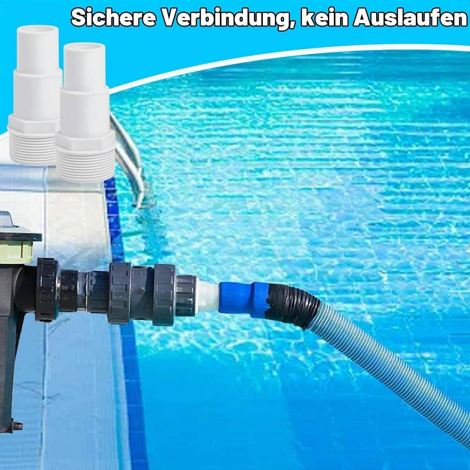 Poolschlauchverbindung mit weißen Adaptern und deutschem Text „Sichere Verbindung, kein Auslaufen
