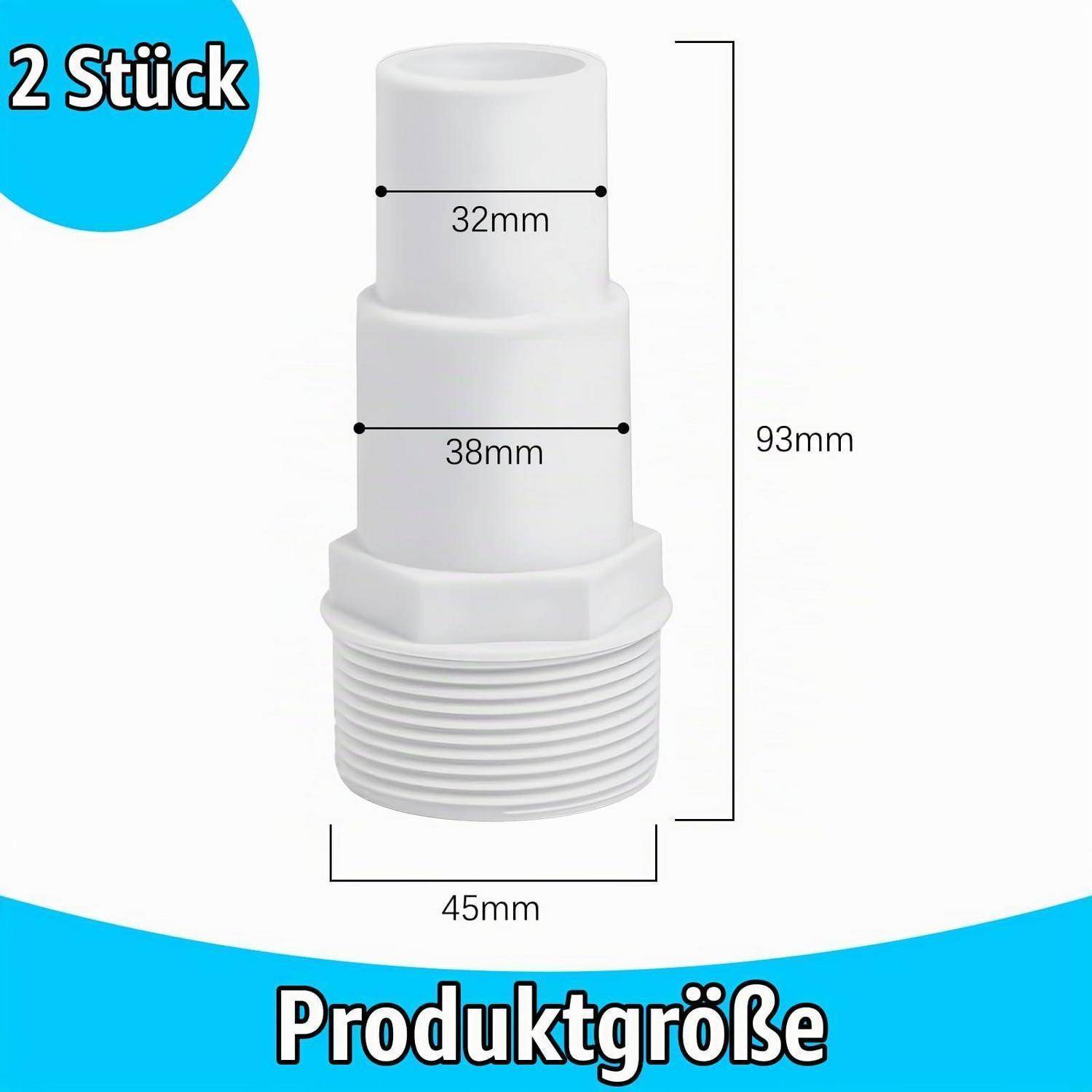 Produktgrößendiagramm einer weißen Kunststoffverschraubung mit Gewinde, gekennzeichnet mit „2 Stück