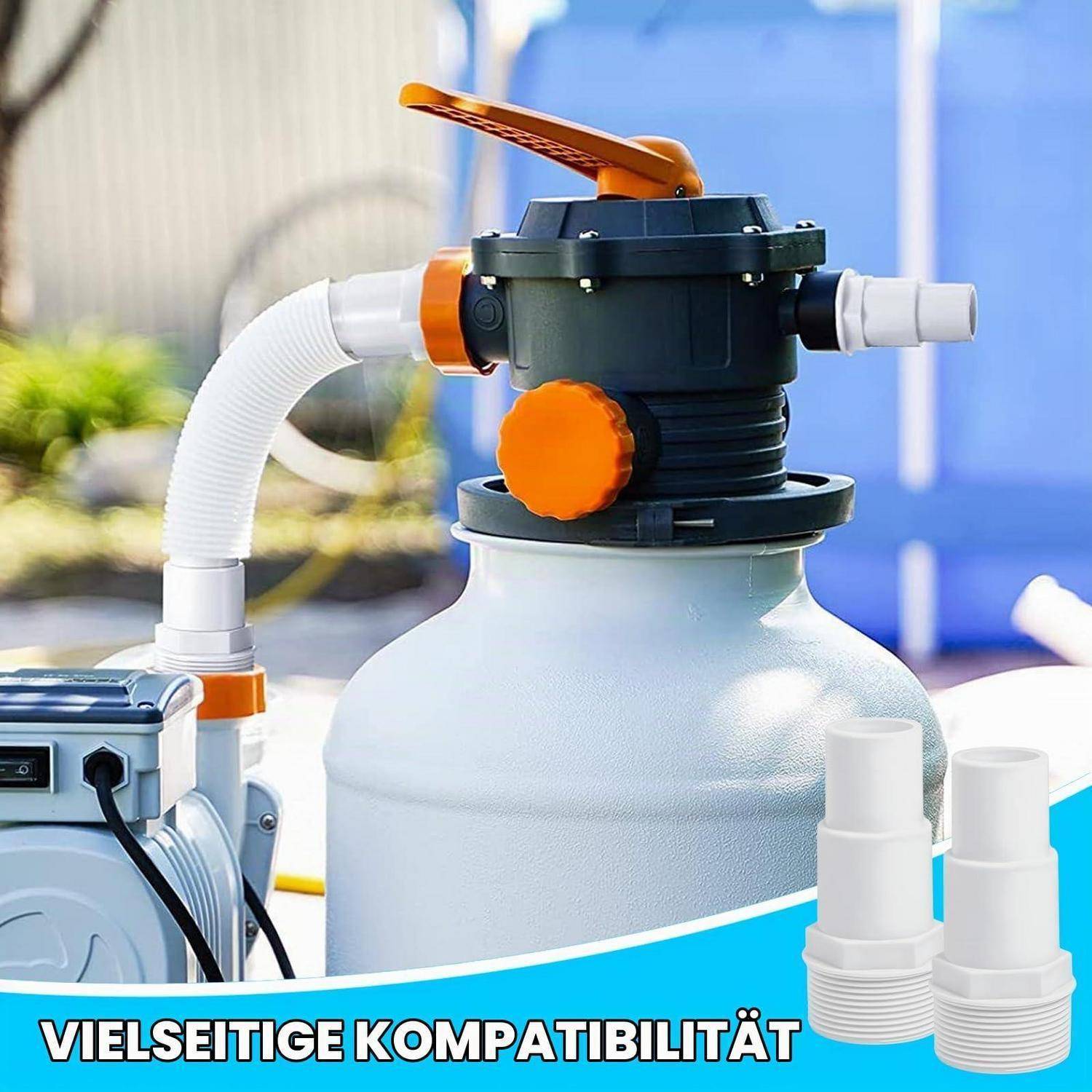 Poolfilter-Umwälzpumpe und Mehrwegeventil, verbunden mit einem Sandfiltertank, mit deutschem Text „VIELSEITIGE KOMPATIBILITÄT