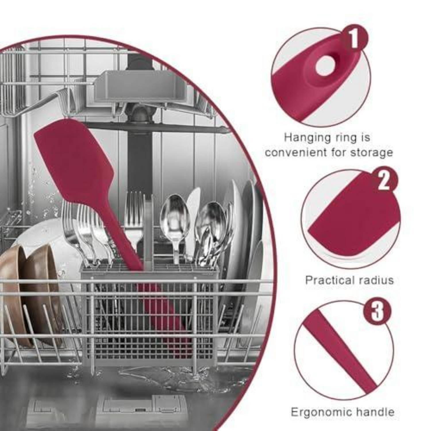 Spülmaschinenfeste rote Silikon-Spatel in einem Geschirrständer, mit Beschriftungen für die Aufhängering-Lagerung, praktischen Radius und ergonomischen Griff.