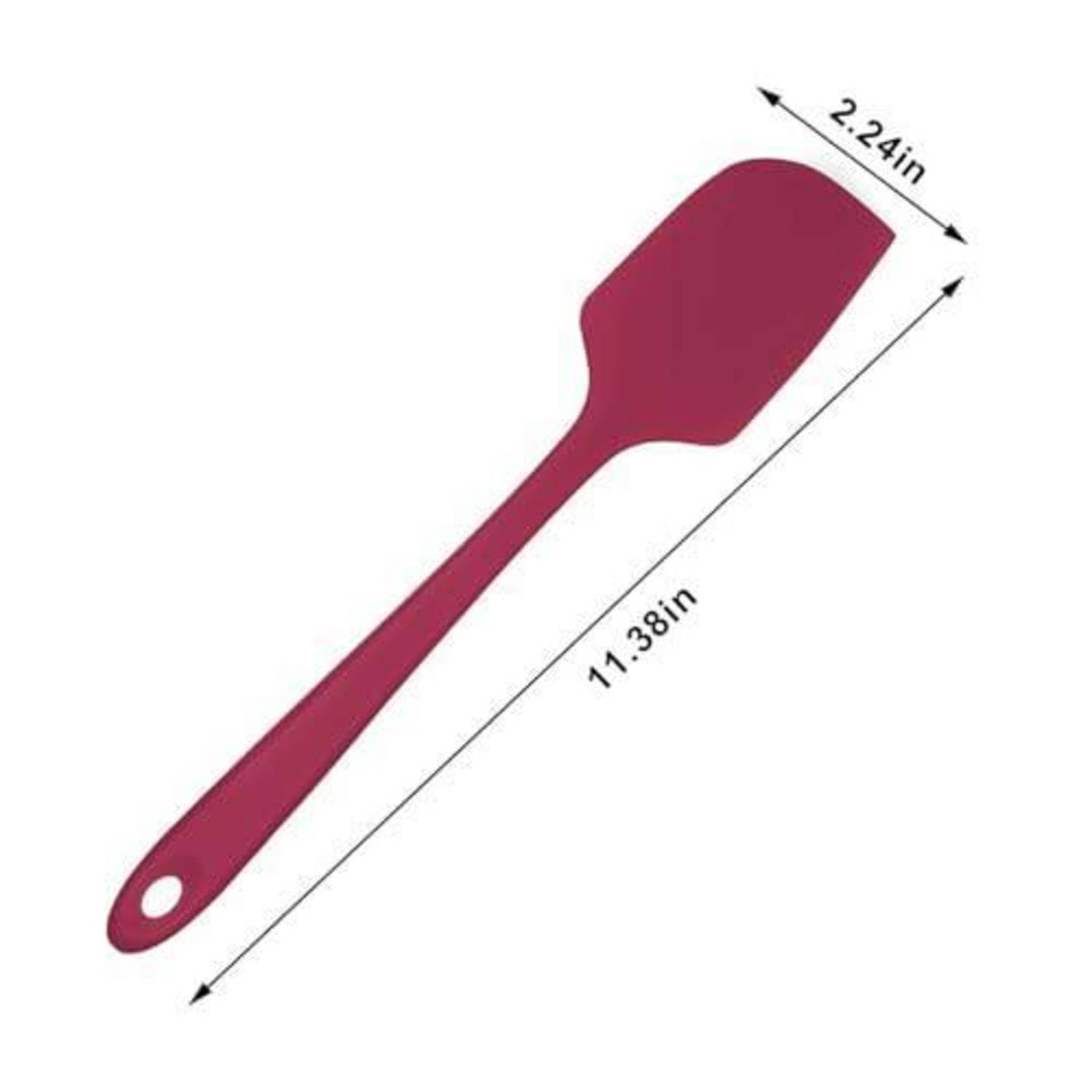Rotes Silikonspachtel mit Aufhängeloch, auf weißem Hintergrund mit beschrifteten Abmessungen von 11,38 Zoll Länge und 2,24 Zoll Breite.
