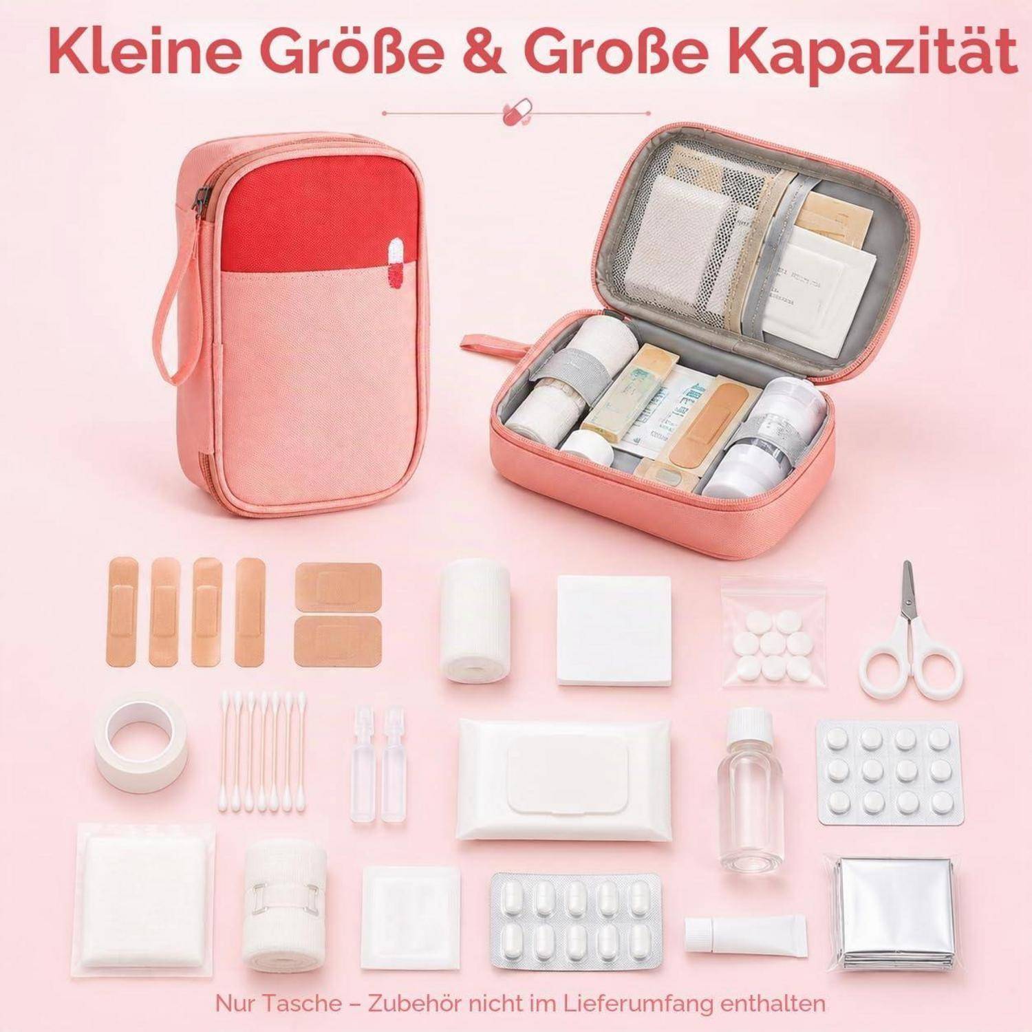 Rosa Reise-Kosmetiktasche, geöffnet und geschlossen dargestellt, mit verschiedenen Kosmetik- und Hygieneartikeln drum herum angeordnet; Text sagt „Kleine Größe & Große Kapazität" und „Nur Tasche – Zubehör nicht im Lieferumfang enthalten"".