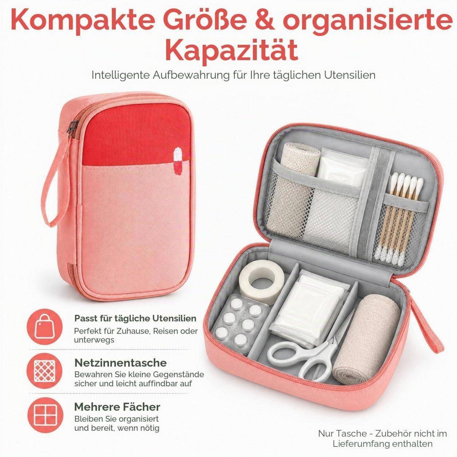 Rosa verschlossener Reiseorganizer-Beutel, der geschlossen und offen dargestellt ist, mit Fächern für Toilettenartikel und kleine Gegenstände; deutscher Text besagt „Kompakte Größe & organisierte Kapazität".