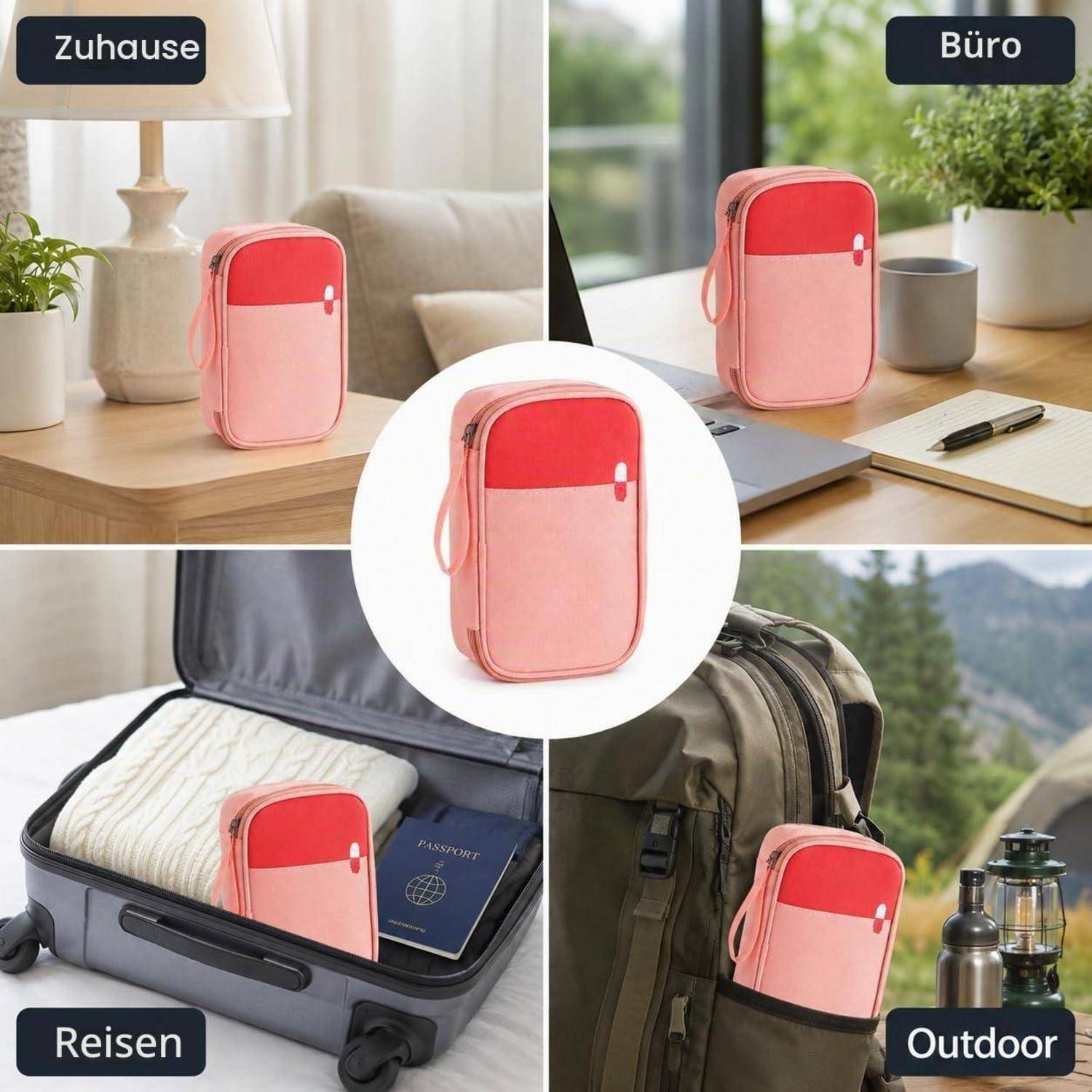 Rosa und rote tragbare Tasche, dargestellt in vier Einstellungen mit den Bezeichnungen „Zuhause", „Büro"", „Reisen"" und „Outdoor"", was die vielseitige Verwendung anzeigt.
