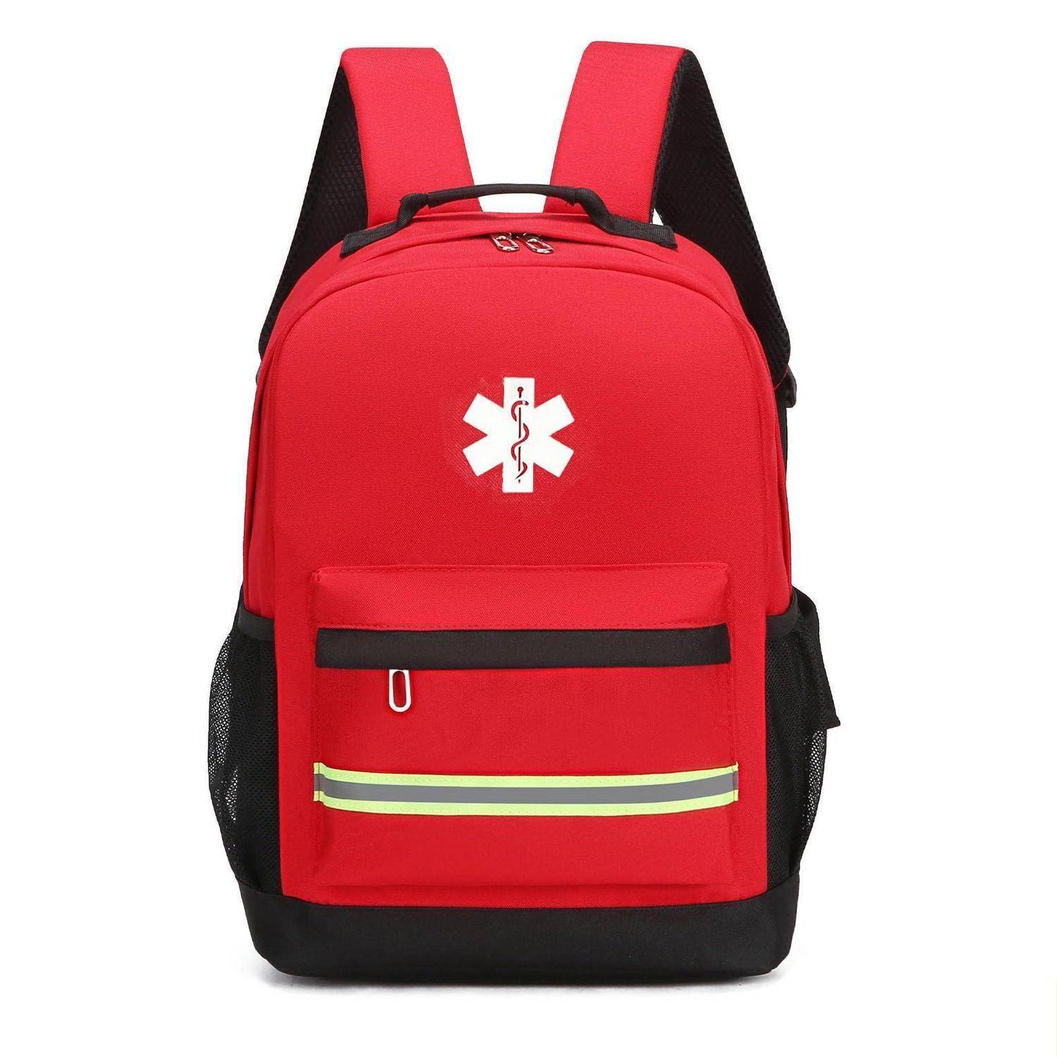 Roter Erste-Hilfe-Rucksack mit medizinischem Symbol, Vordertasche, reflektierendem Streifen und schwarzen Seitenpaneelen auf weißem Hintergrund.