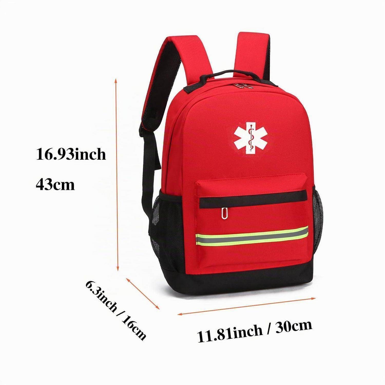 Roter Notfall-Sanitätsrucksack mit Abmessungen: 43 cm hoch, 30 cm breit und 16 cm tief.