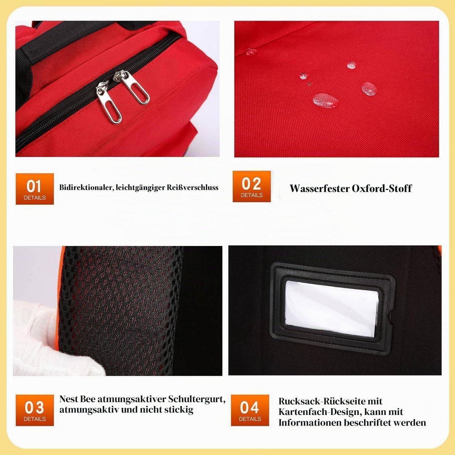 Vier-Feature-Produktgrafik für einen roten Rucksack: Bidirektionaler Reißverschluss, wasserdichtes Oxford-Gewebe, atmungsaktive Rückenpolsterung und eine beschriftete Kartentasche auf der Rückseite.