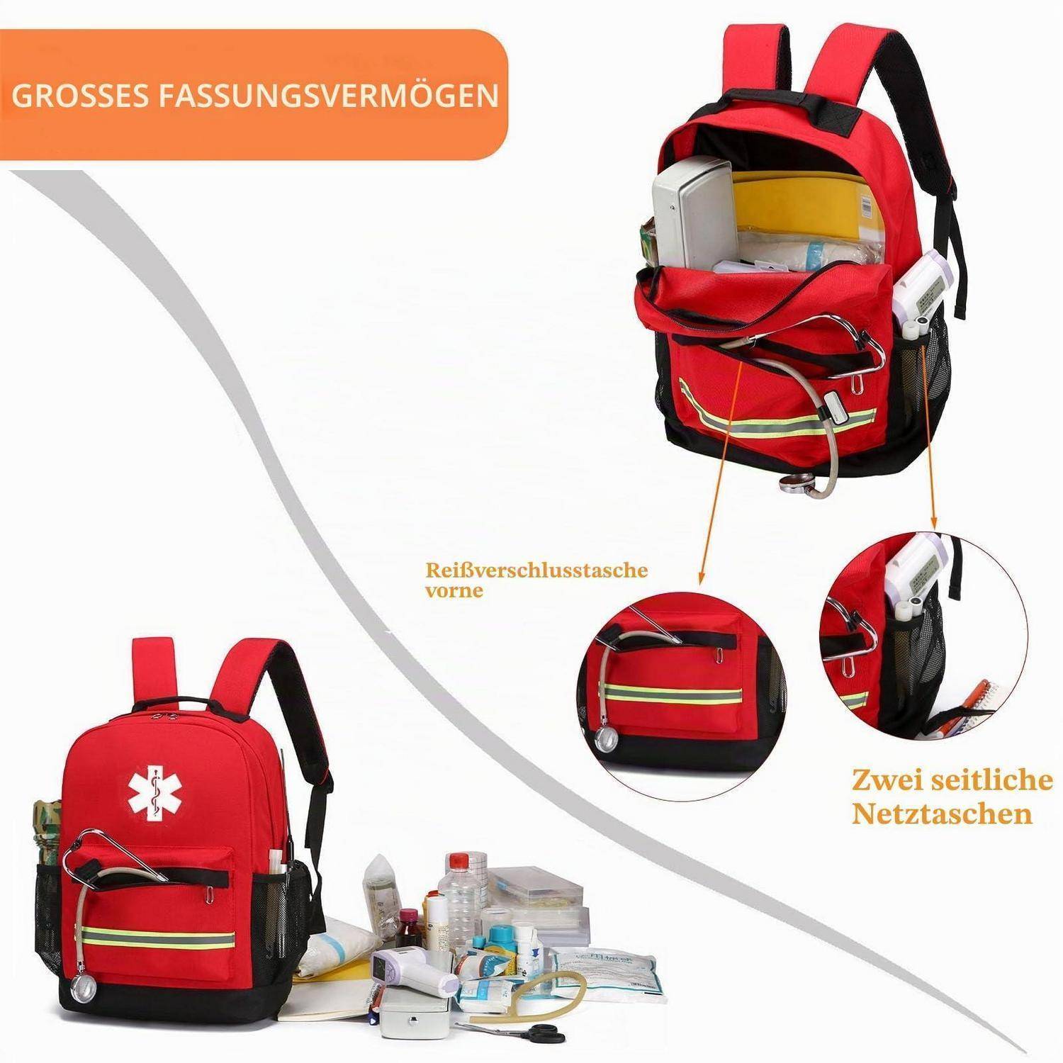 Diagramm eines roten Erste-Hilfe-Rucksacks mit der Bezeichnung „Großes Fassungsvermögen", der ein großes Hauptfach, eine vordere Reißverschlusstasche und zwei seitliche Netztaschen zeigt, mit medizinischen Hilfsmitteln im Inneren.