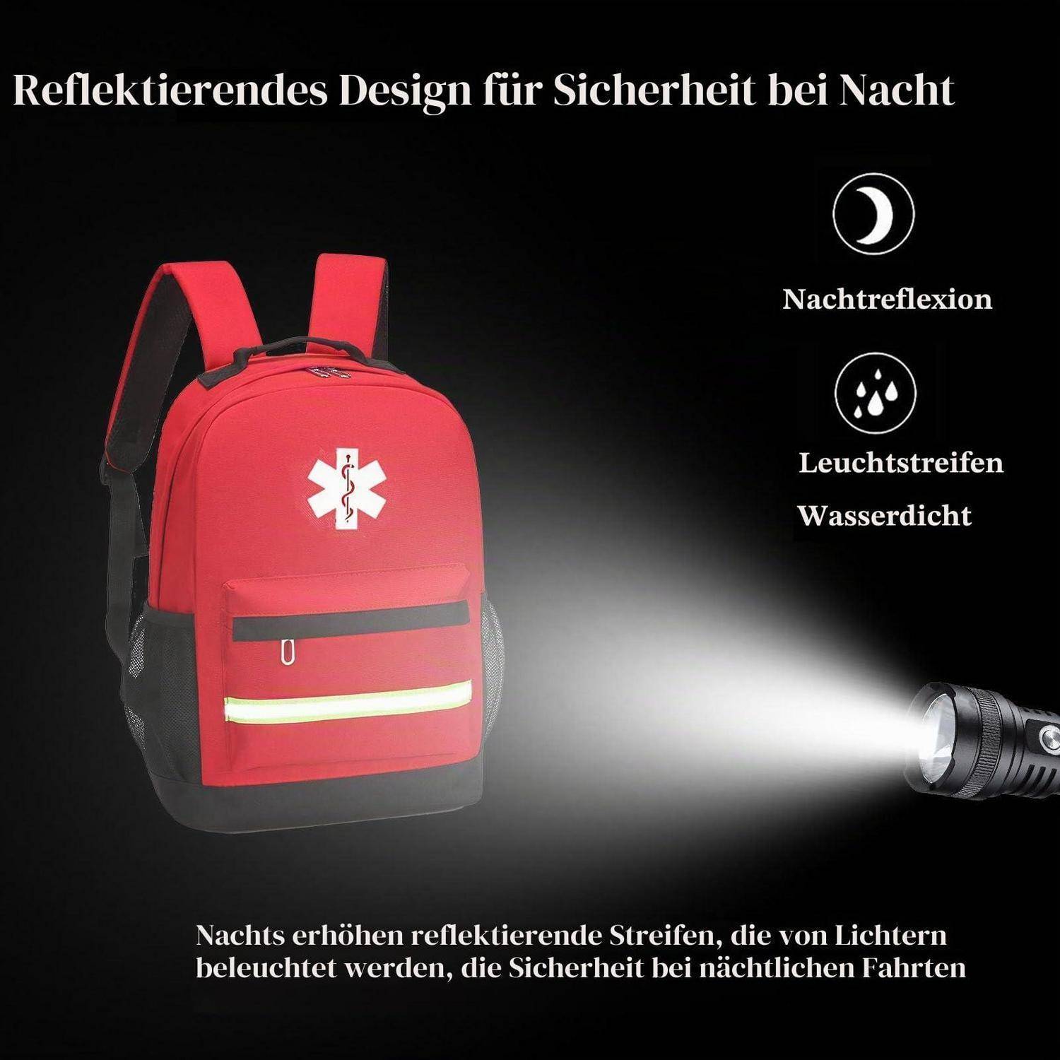 Roter reflektierender Rucksack mit Reflektionsstreifen, beleuchtet durch eine Taschenlampe, um die Sichtbarkeit in der Nacht und wasserdichte Eigenschaften hervorzuheben; deutscher Text fördert die Sicherheit in der Nacht.