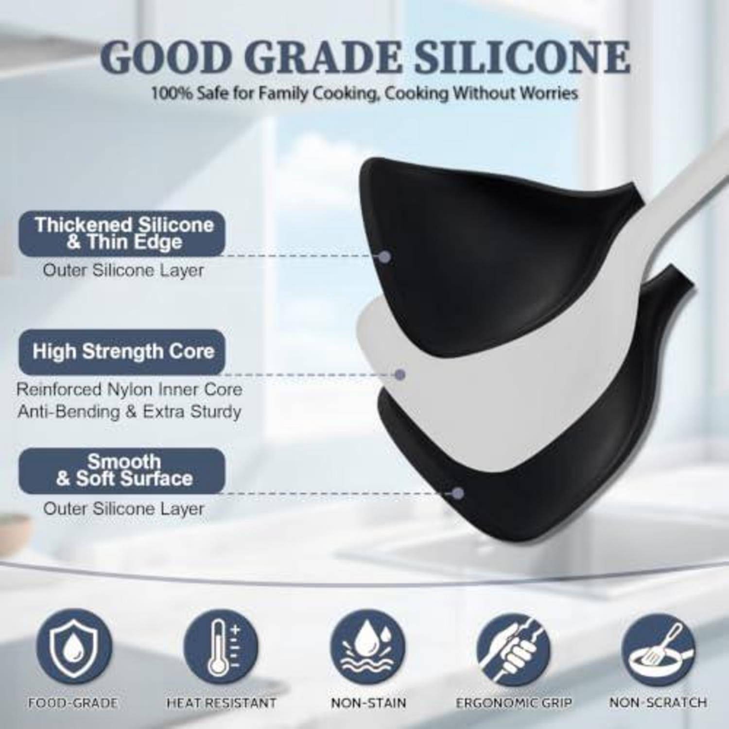 Infografik eines Silikon-Küchenutensils mit der Bezeichnung „SILIKON IN GUTER QUALITÄT