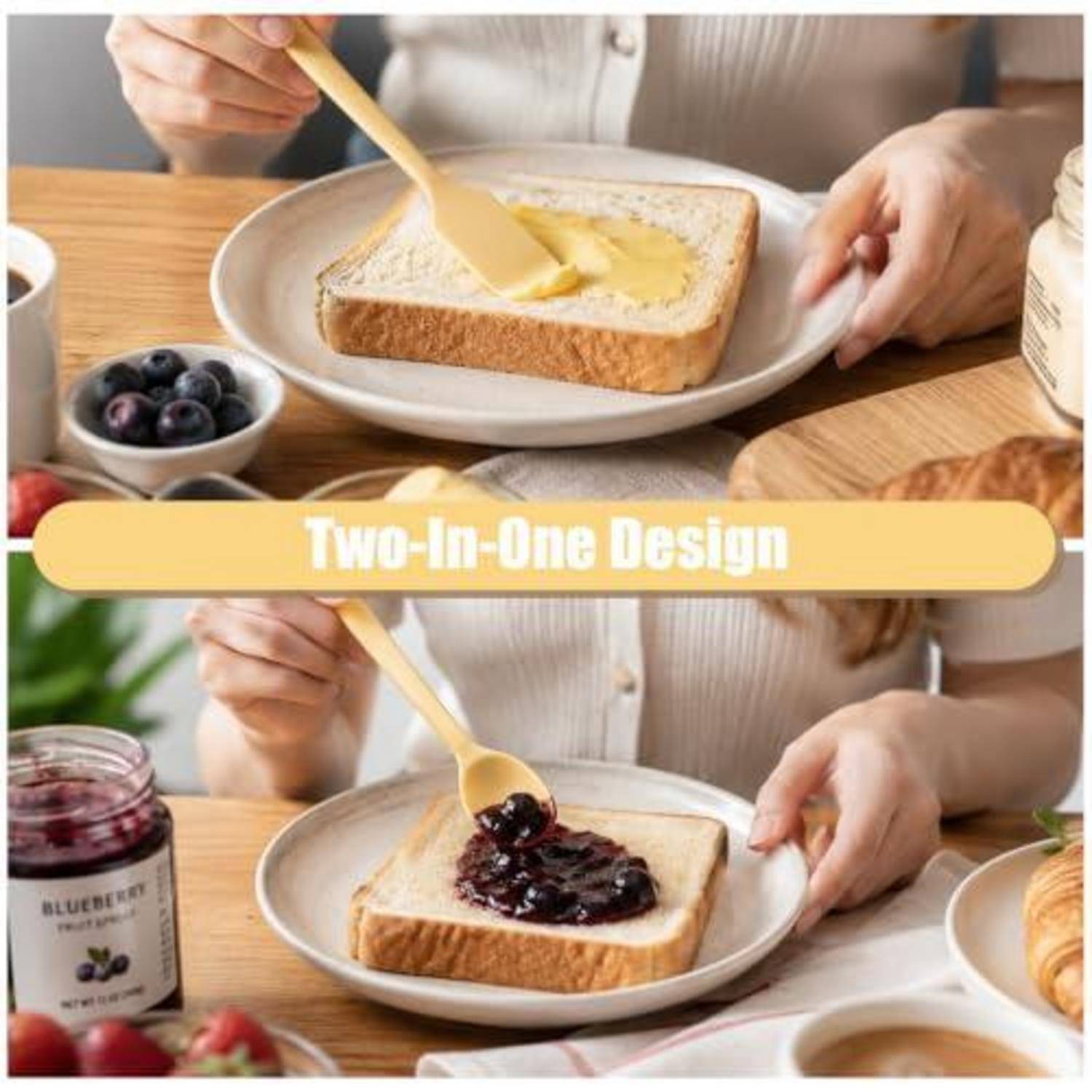 Geteiltes Bild, das eine Person zeigt, die mit einem Holzlöffel Butter auf Toast verteilt, dann Heidelbeermarmelade, beschriftet mit „Two-In-One Design
