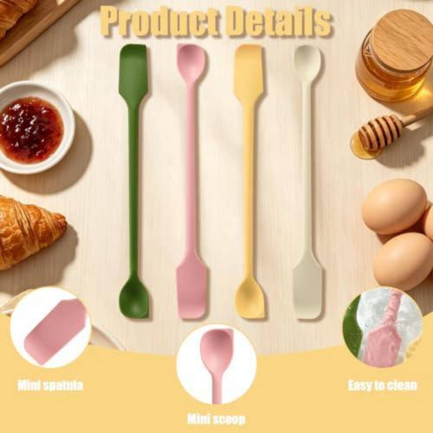 Produktdetail-Grafik mit vier Mini-Silikonküchengeräten in Grün, Rosa, Gelb und Weiß, beschriftet mit Mini-Spatel, Mini-Schaufel und leicht zu reinigen, mit Lebensmitteln und Honigglas rundherum.