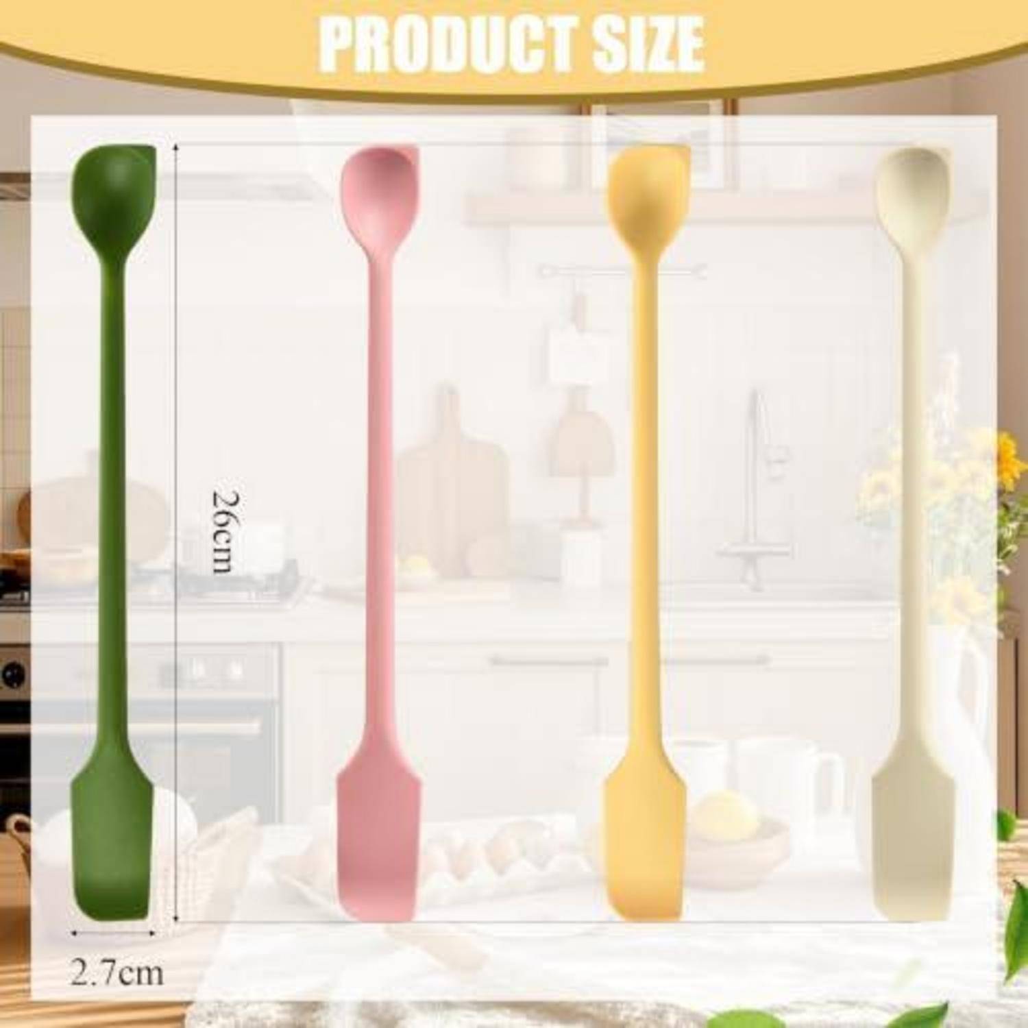 Die Produktgrößentabelle zeigt vier lange Silikonspachtel in Grün, Pink, Gelb und Weiß, jeweils 26 cm lang und 2,7 cm breit.