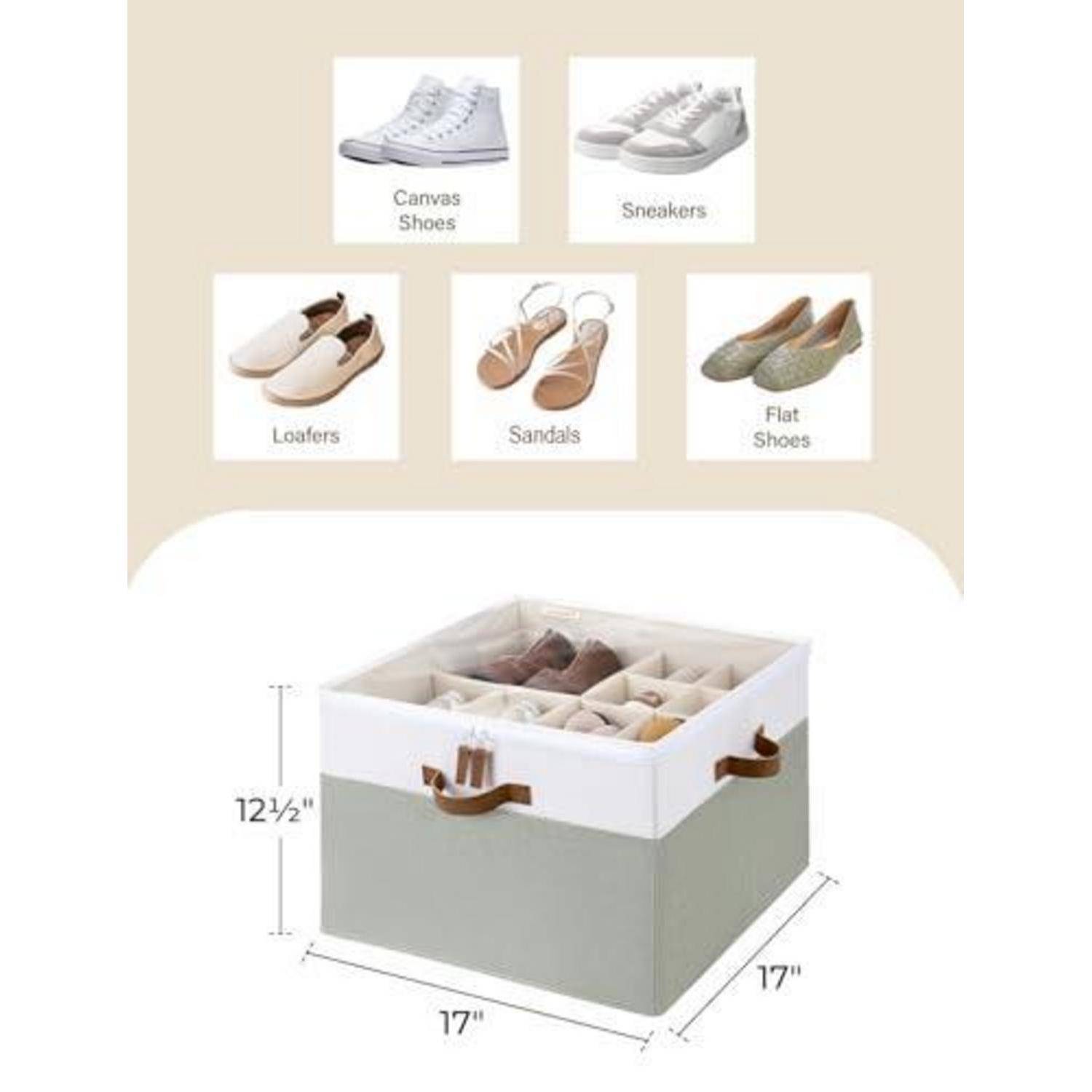 Schuhaufbewahrungsbox für Leinenschuhe, Sneaker, Loafer, Sandalen und flache Schuhe; abgebildet mit den Abmessungen 17 x 17 x 12,5 Zoll.