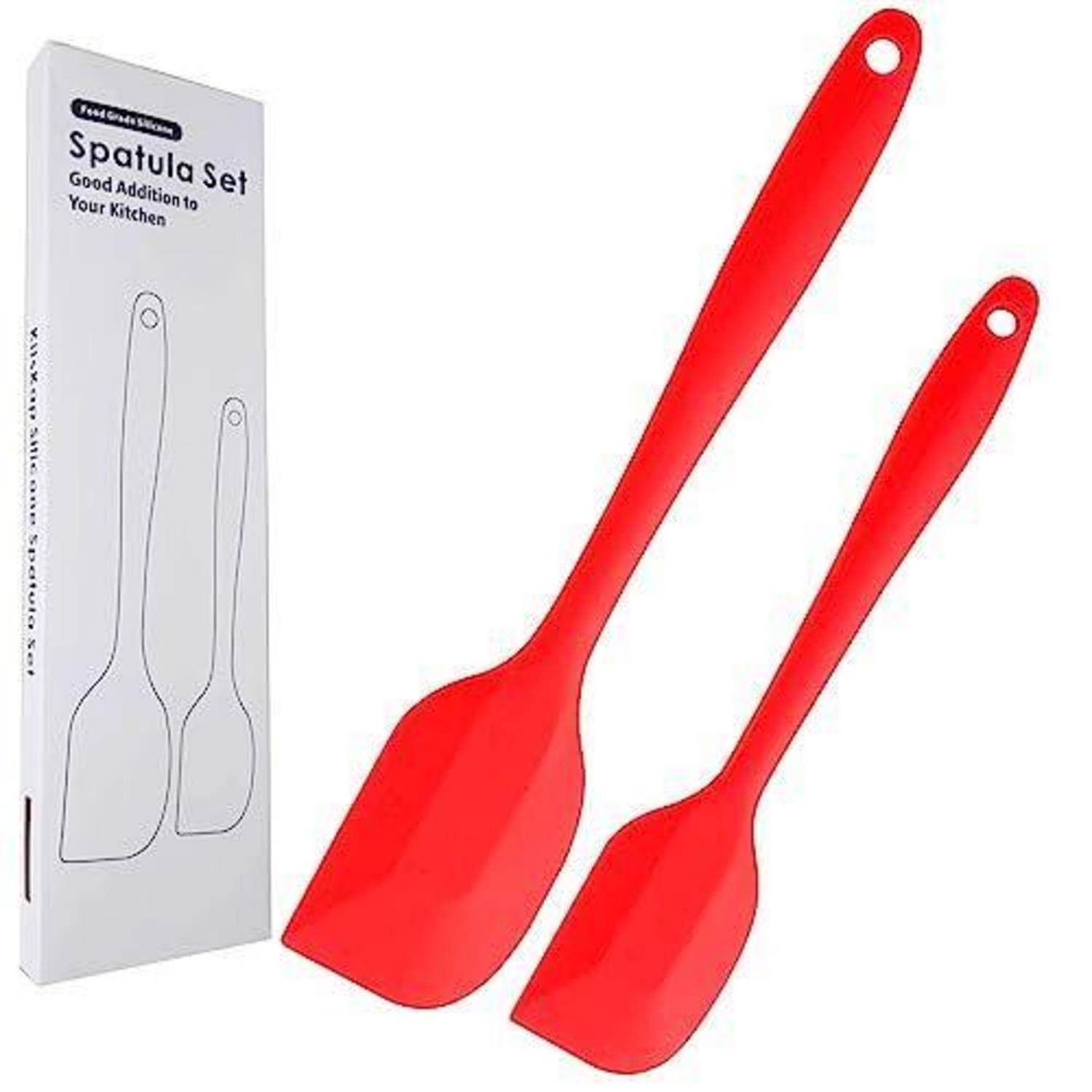 Zwei rote Silikonspatel, die neben einer weißen Produktbox mit der Aufschrift „Spatula Set