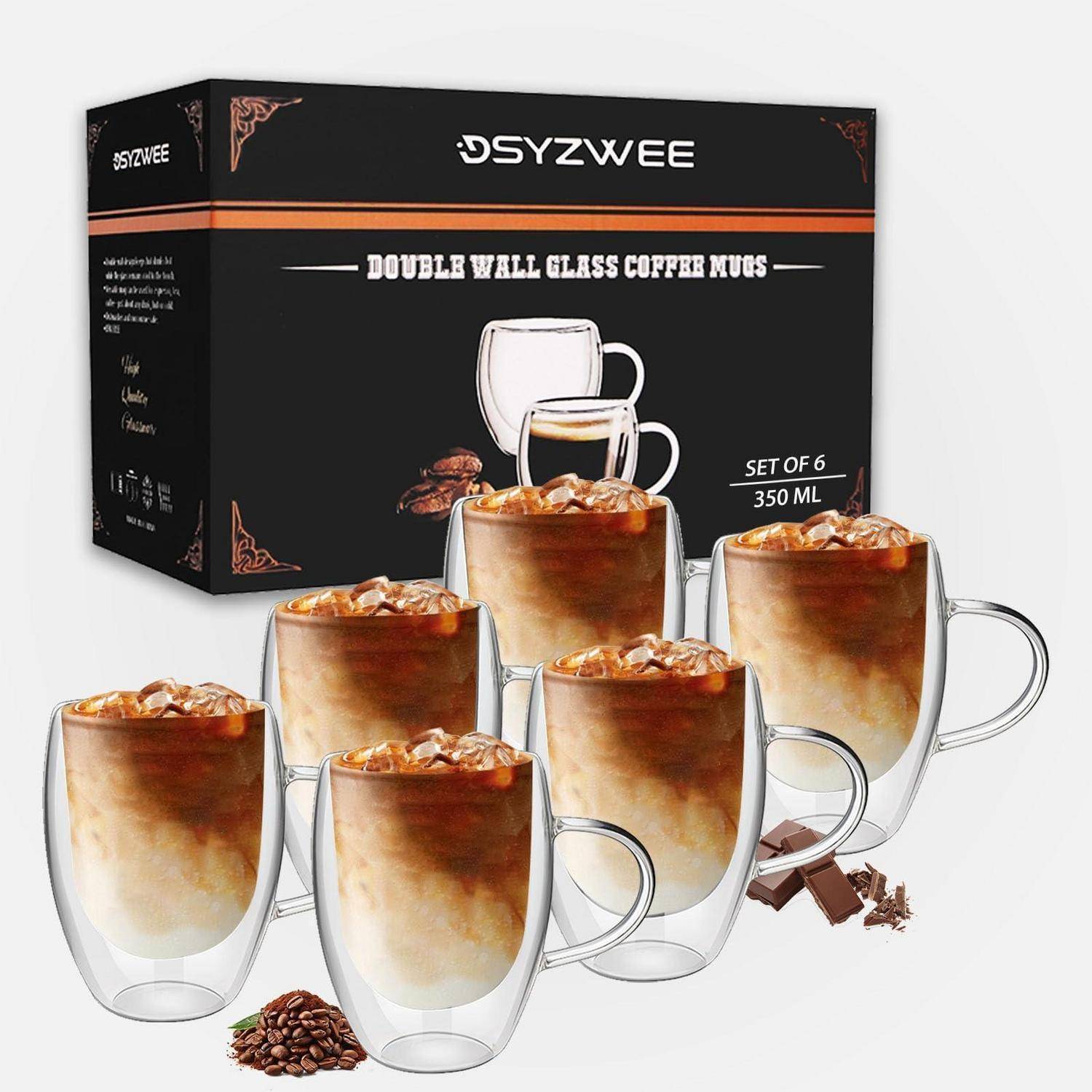 Produktbild von sechs doppelwandigen Glaskaffeetassen, jede mit 350 ml, mit einer SYZWEE-Schachtel dahinter.