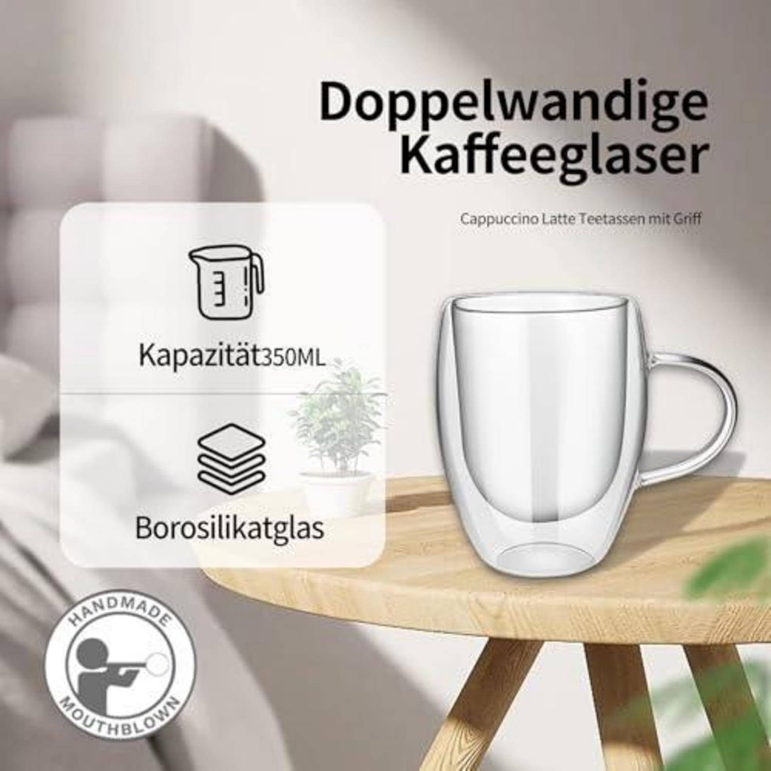 Produktanzeige für doppelwandige Kaffeetassen: klare Tasse mit Griff, Fassungsvermögen 350 ml, aus Borosilikatglas.