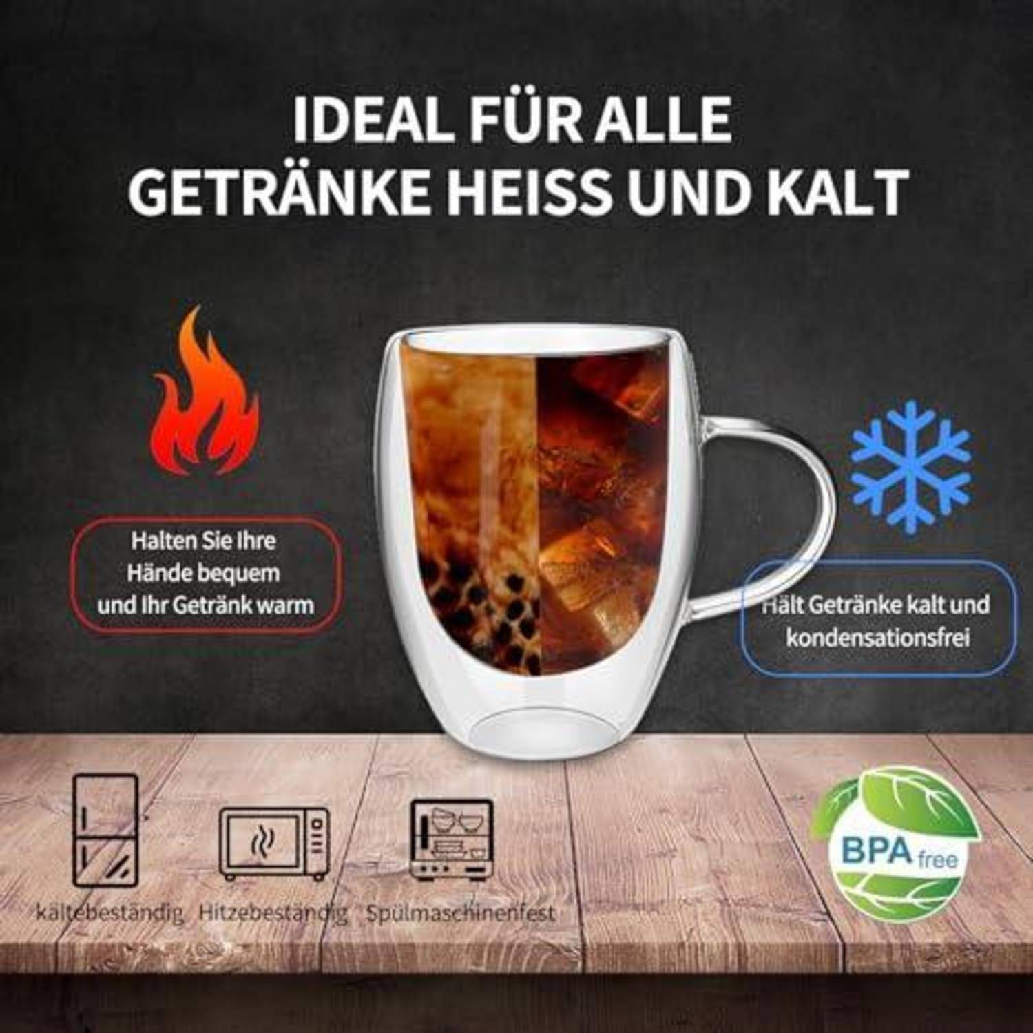 Isolierte Tasse hält heiße Getränke warm und kalte Getränke kühl, mit deutscher Beschriftung, Flammen- und Schneeflocken-Symbolen sowie BPA-frei, spülmaschinenfest, hitze- und kältebeständig.