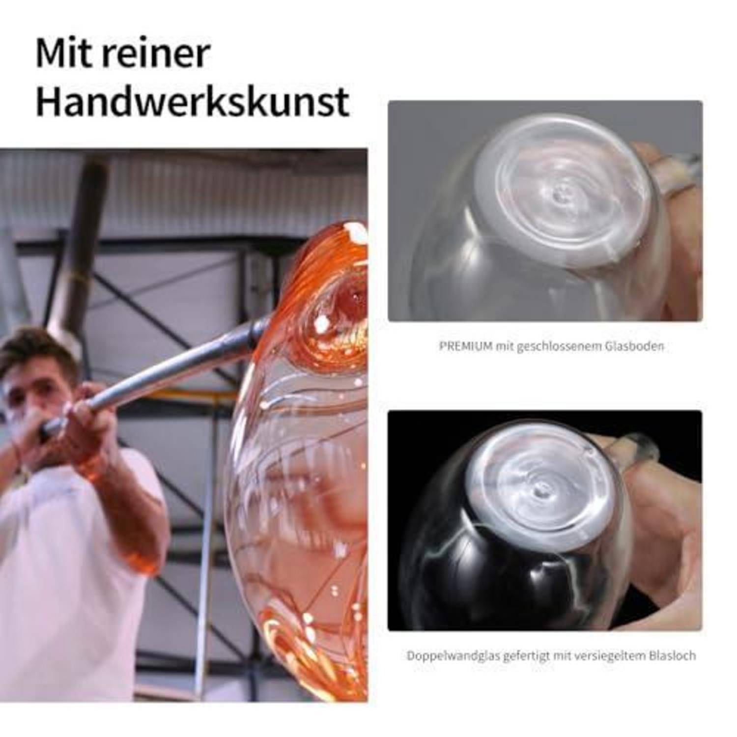 Handwerklich gefertigtes Glasgeschirr mit einem Glasbläser, der ein Gefäß formt, und zwei Nahaufnahmen, die hochwertige versiegelte Böden mit doppelwandigen Glaspodesten vergleichen.