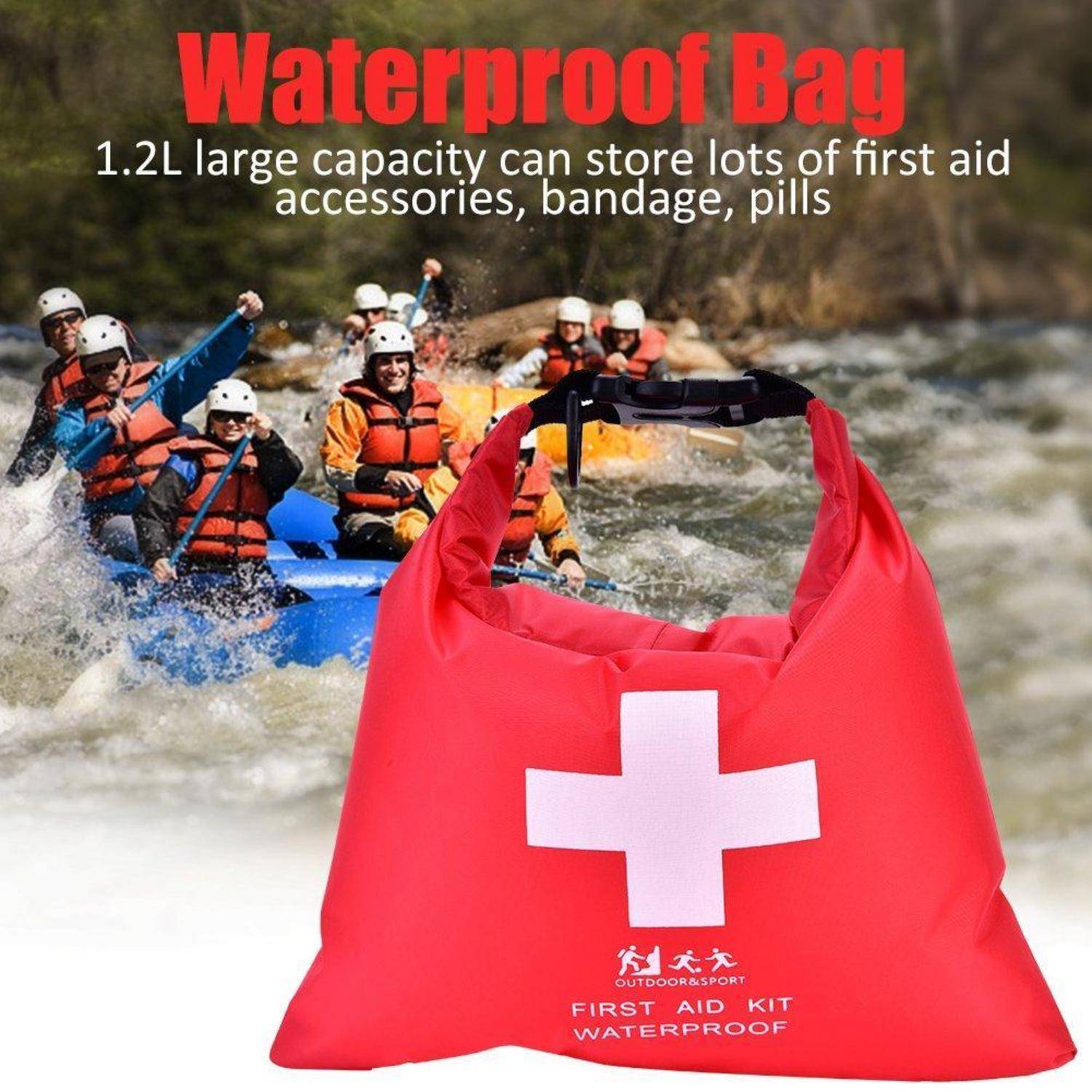 Rote wasserdichte Erste-Hilfe-Tasche mit weißem Kreuz, von vorne gezeigt mit Flößen im Hintergrund; Text besagt "Wasserdichte Tasche"" und ""1,2L großes Fassungsvermögen kann viele Erste-Hilfe-Zubehörteile, Verbandsmaterial, Tabletten lagern"".