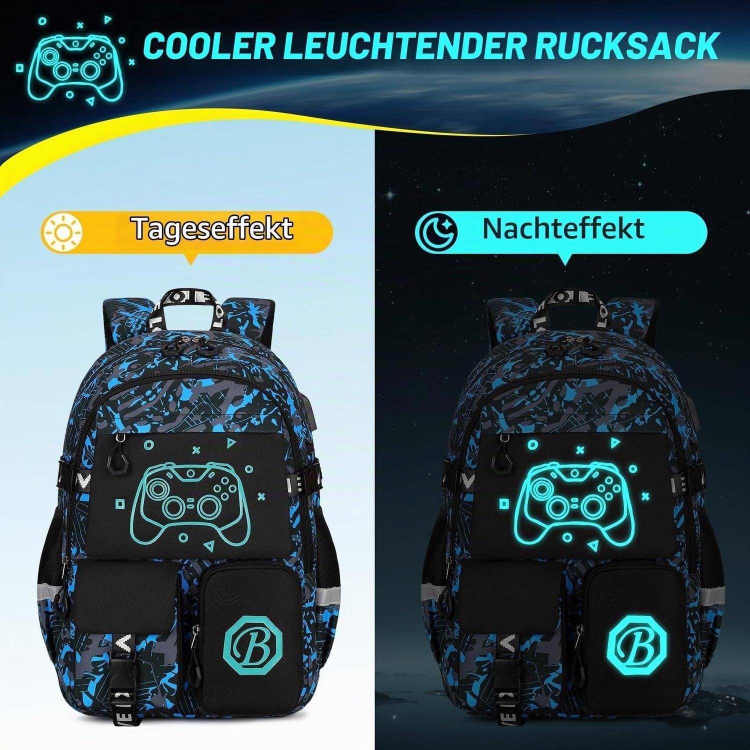 Split-Screen-Anzeige mit einem coolen leuchtenden Rucksack mit Tageseffekt und Nachteffekt, mit den Beschriftungen „Tageseffekt" und „Nachteffekt"".