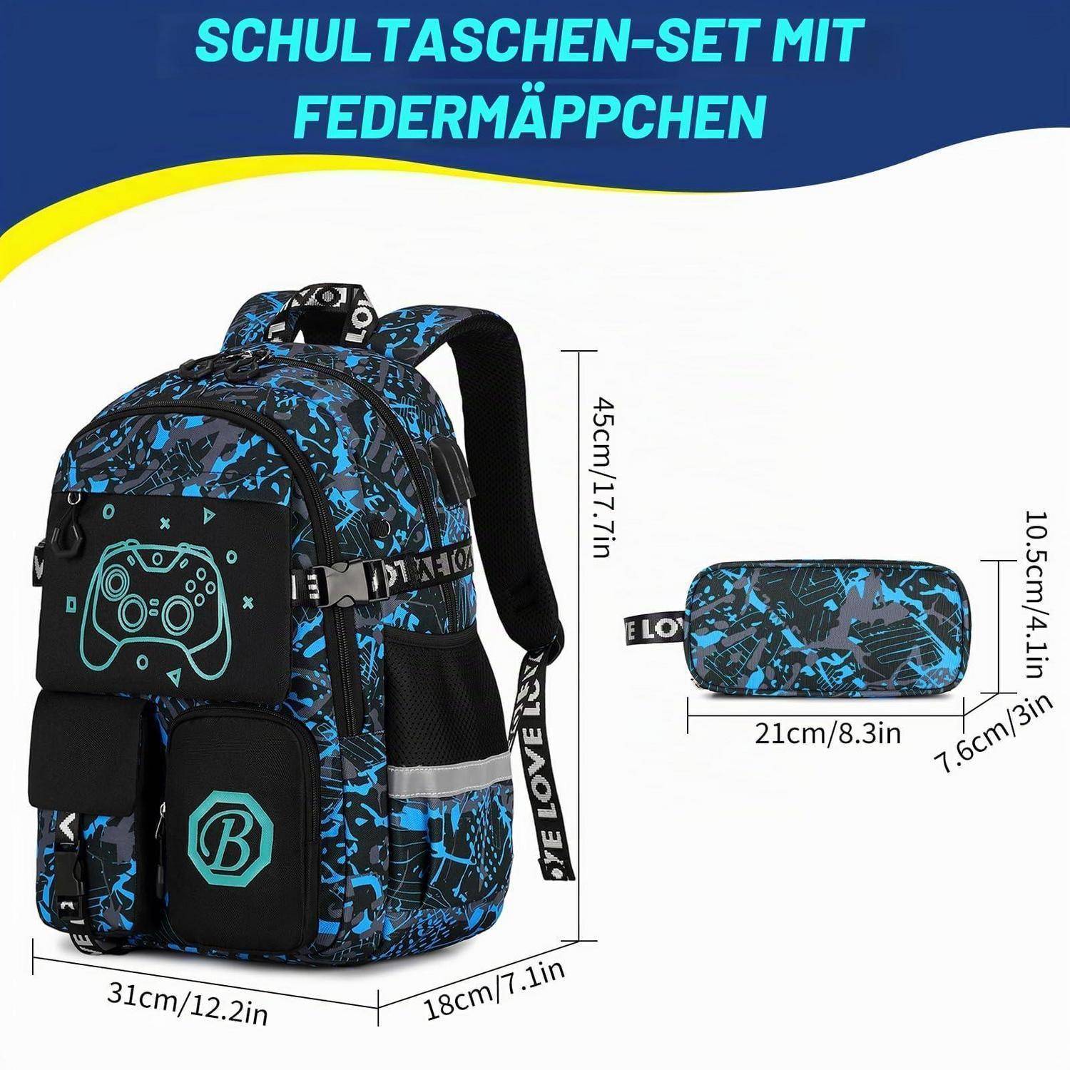 Produktbild eines Schulrucksack-Sets mit passendem Etui, mit Abmessungen: Rucksack 45 x 31 x 18 cm und Etui 21 x 10,5 x 7,6 cm.