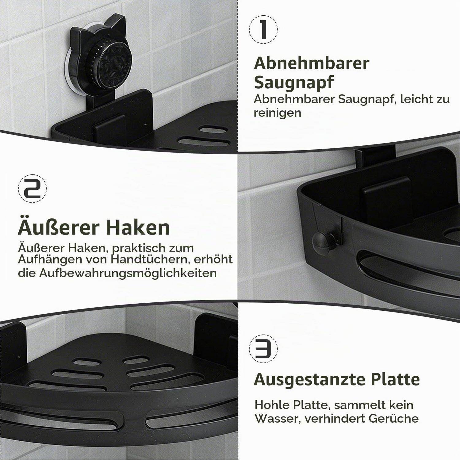 Drei-Panel-Produkt-Infografik eines schwarzen Dusch-Eckregals mit: abnehmbarem Saugnapf für einfache Reinigung, äußerem Haken zum Aufhängen von Handtüchern und durchlöcherter Platte, die Wasser ablaufen lässt und Geruchsbildung reduziert.
