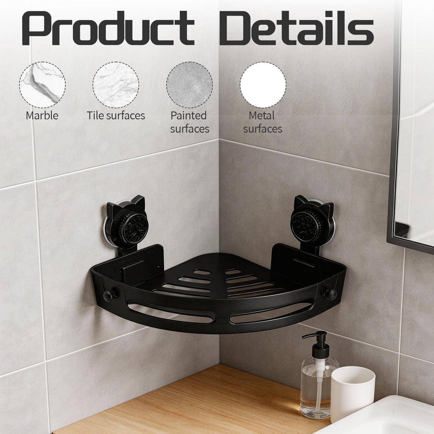 Eckiges schwarzes Metall-Duschablage an gekachelter Badezimmerwand montiert unter „Produktdetails" mit Symbolen für Marmor-, Fliesen-, gestrichene und Metalloberflächen.