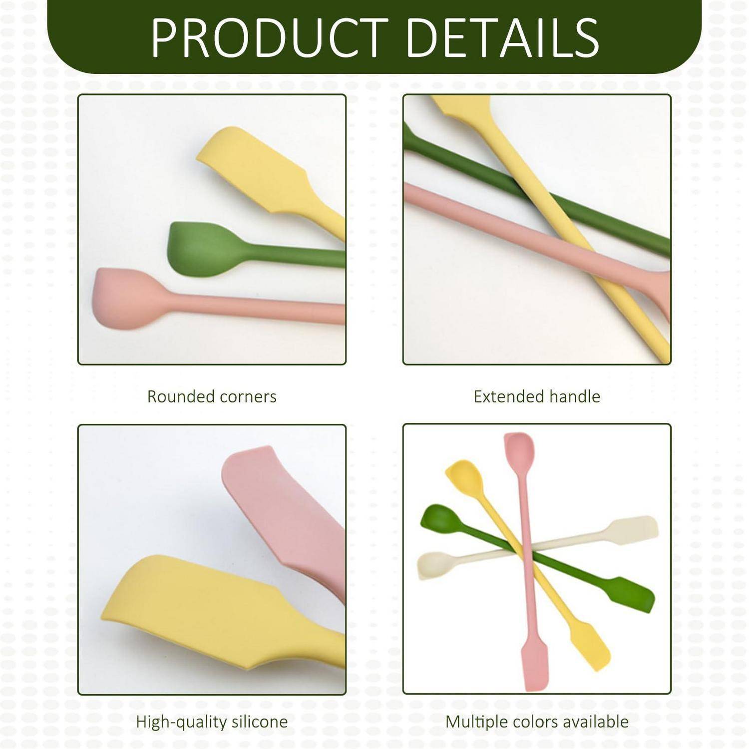 Produktdetail-Grafik mit Silikonspachteln mit abgerundeten Ecken, verlängerten Griffen, hochwertigem Silikon und mehreren verfügbaren Farben.
