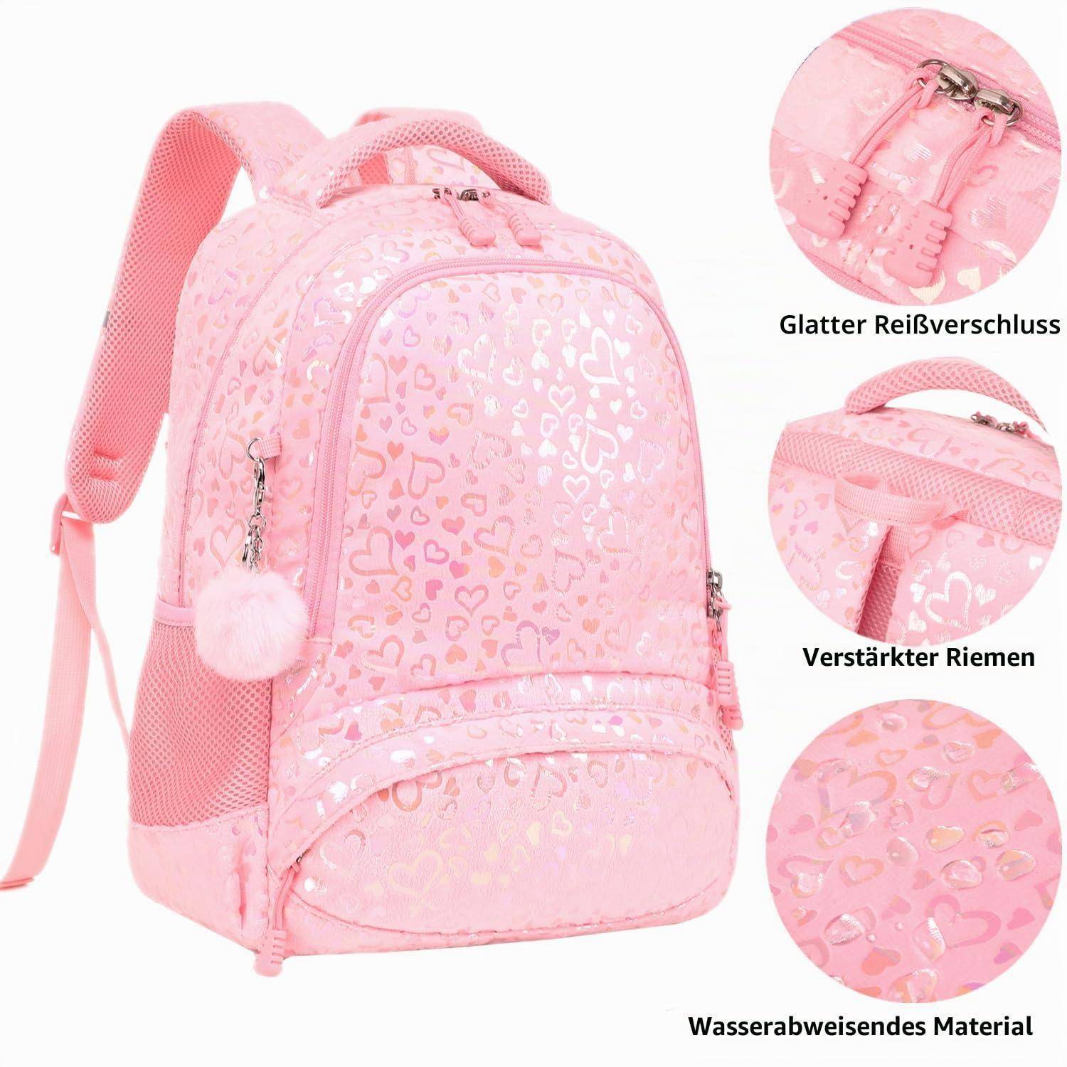 Rosafarbener Rucksack mit Herzenmuster, Seitentasche aus Netzstoff und Pompon-Reißverschluss-Anhänger, gezeigt mit Nahaufnahmen, die sanften Reißverschluss, verstärkten Riemen und wasserabweisendes Material kennzeichnen.