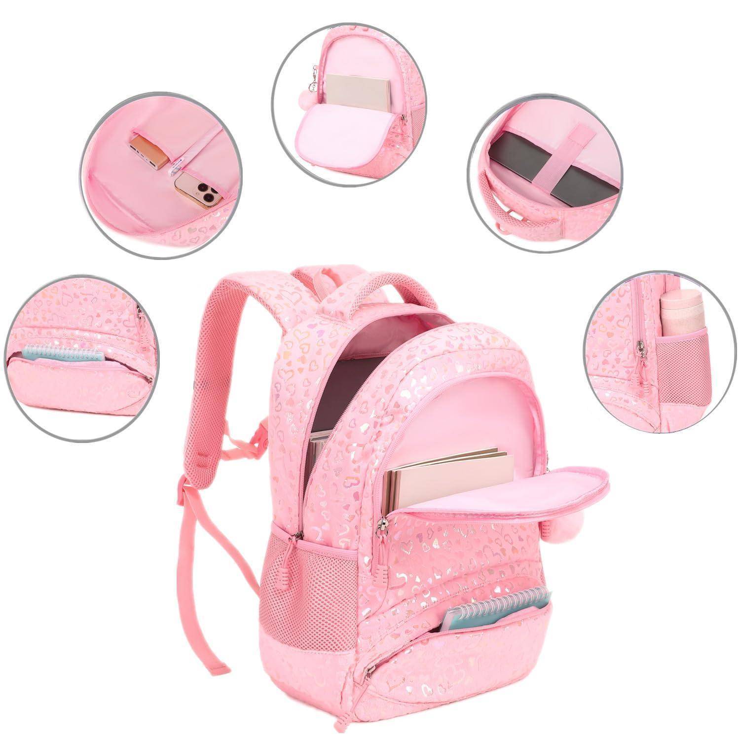 Rosa Kinderrucksack mit Glitterfinish, mehreren Reißverschlusstaschen, seitlichem Mesh-Flaschenhalter, gepolsterten Trägern und inneren Fächern, dargestellt in detaillierten Nahaufnahmen.