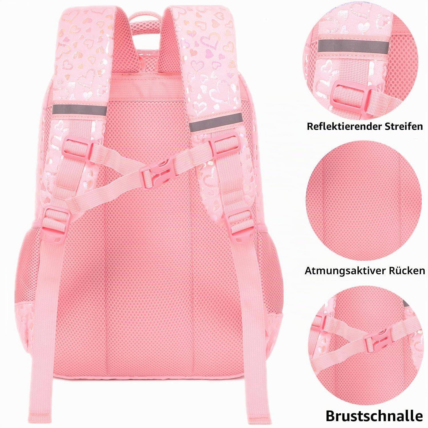 Rosa Kinderrucksack von hinten gezeigt, mit gepolsterten Schultergurten, Brustschnalle, Reflektorstreifen und atmungsaktivem Rückenpanel; deutsche Beschriftungen heben die Merkmale hervor.