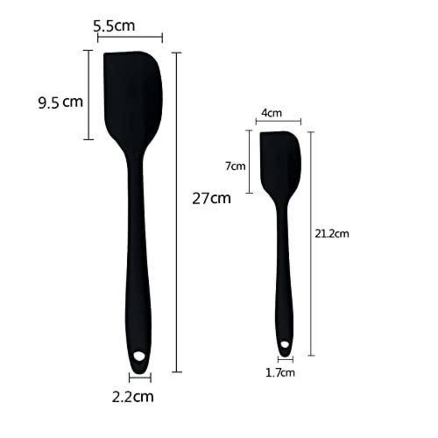 Vergleichsbild zweier schwarzer Spatel mit Größenangaben: großer Spatel 27 cm hoch, 5,5 cm breit; kleiner Spatel 21,2 cm hoch, 4 cm breit, jeweils mit Loch am Ende des Griffs.