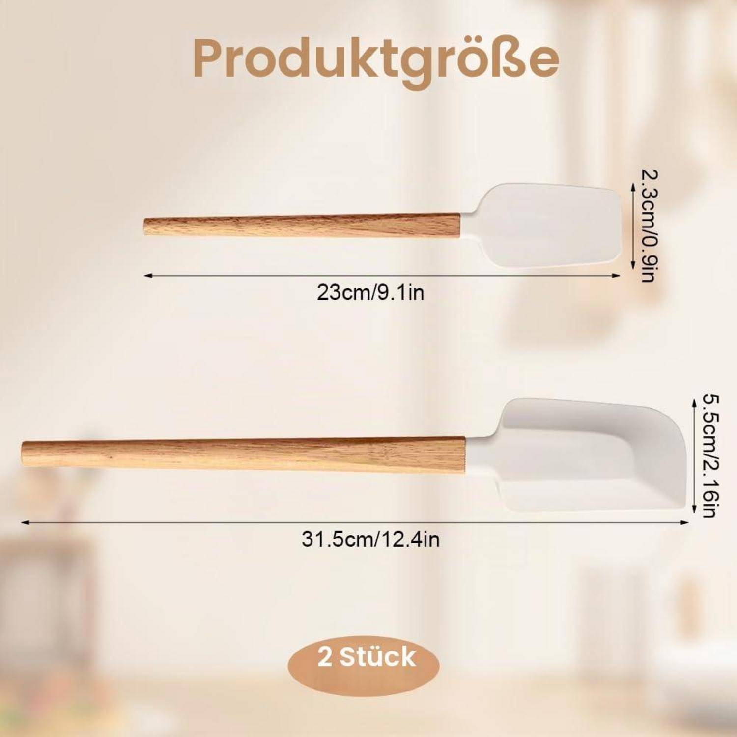 Größentabelle für ein Spatel-Set: zwei Teile, 23 cm × 2,3 cm und 31,5 cm × 5,5 cm, beschriftet mit „Produktgröße