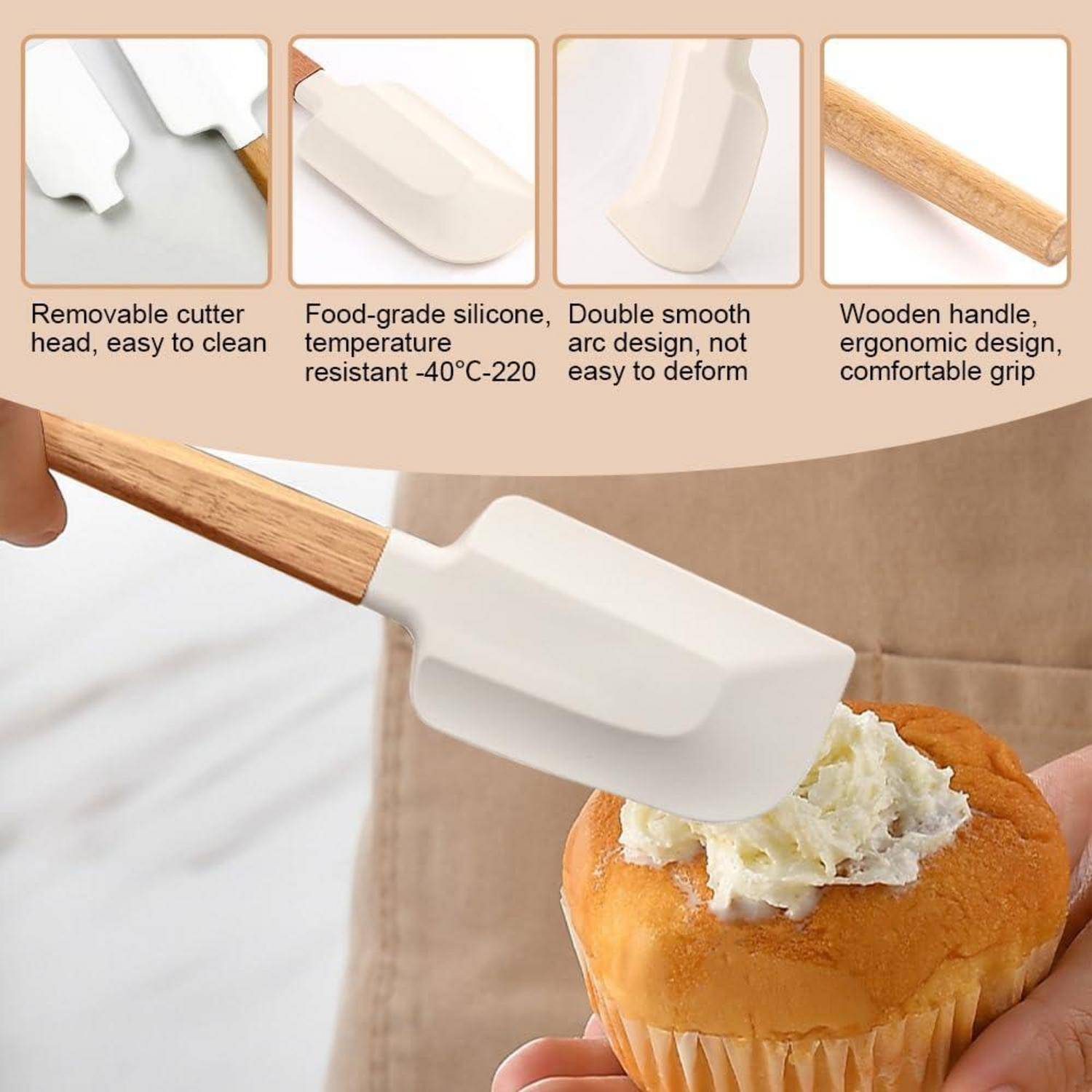 Silikonspatel mit Holzgriff, der Zuckerguss auf einen Cupcake aufträgt, mit Beschriftungen, die den abnehmbaren Kopf, Hitzebeständigkeit, das flexible beidseitige Design und den ergonomischen Griff hervorheben.
