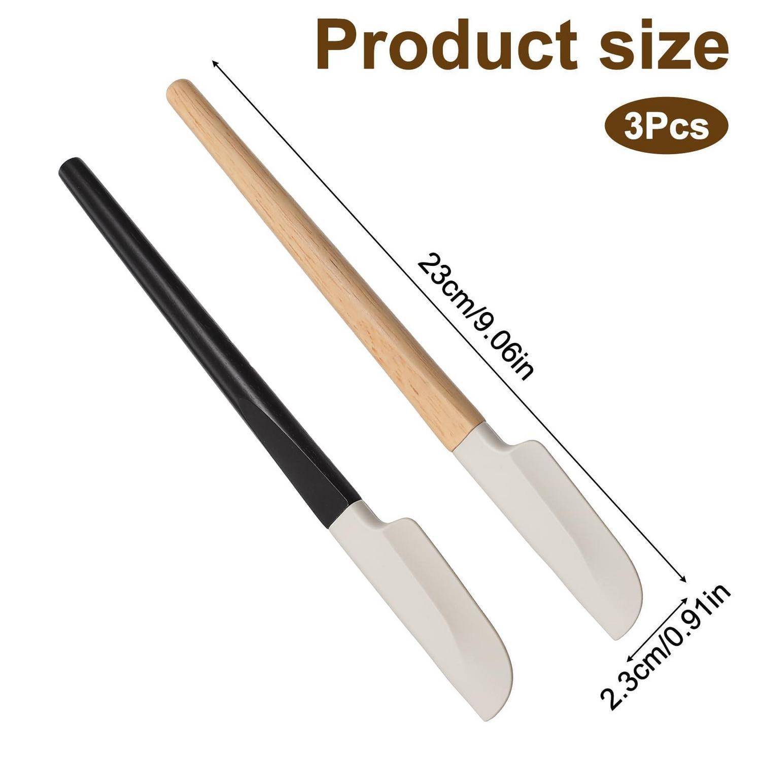 Produktgrößendiagramm mit 3 Spachteln, jede 23 cm (9,06 Zoll) lang und 2,3 cm (0,91 Zoll) breit, mit schwarzen und Holzgriffen.