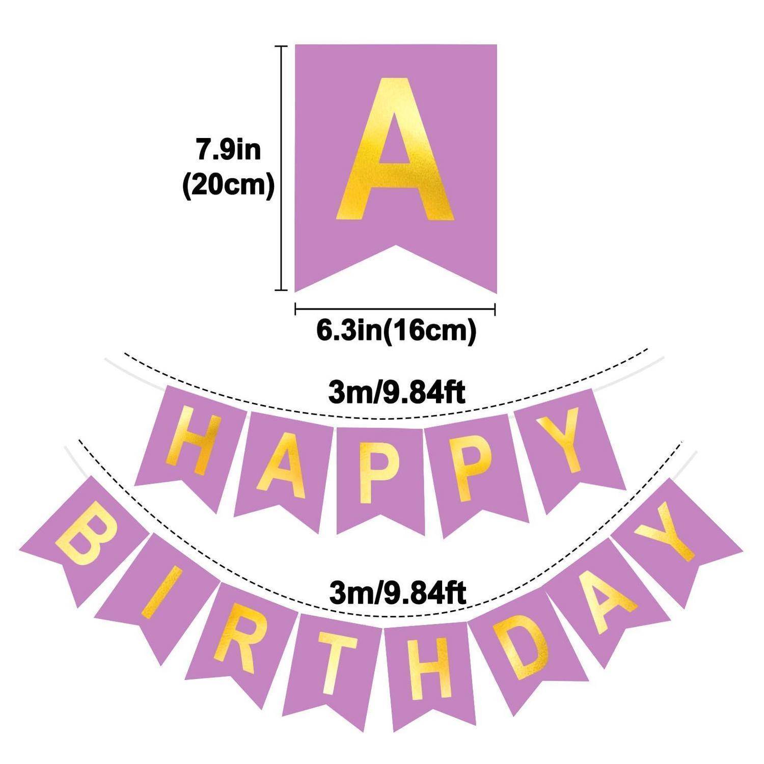 Violettes Bannerset mit gelben Buchstaben: eine große Wimpel "A"" mit den Maßen 7,9 Zoll x 6,3 Zoll, plus ""HAPPY"" und ""BIRTHDAY"" Girlanden, jeweils 3 m lang.