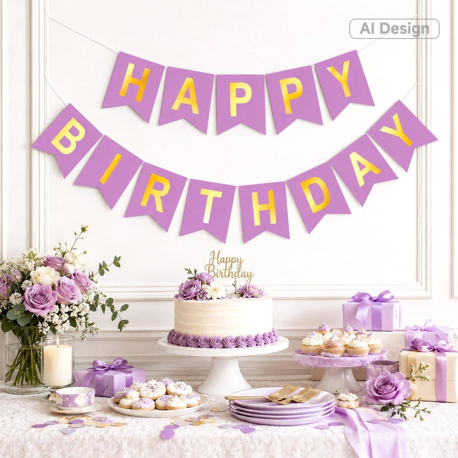 Geburtstagsfeier-Tisch mit violetten Dekorationen, 'ALLES GUTE ZUM GEBURTSTAG'-Banner, Kuchen, Cupcakes, Blumen, Geschenke und Kerzen.