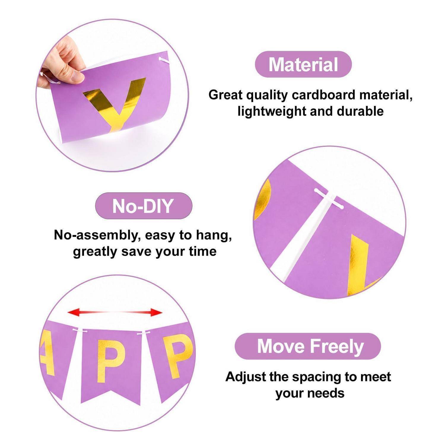Werbegrafik für violette Wimpelgirlande: Material ist leichte Pappe, keine Eigenmontageverpflichtung, und Buchstaben können frei auf einer Schnur angeordnet werden.