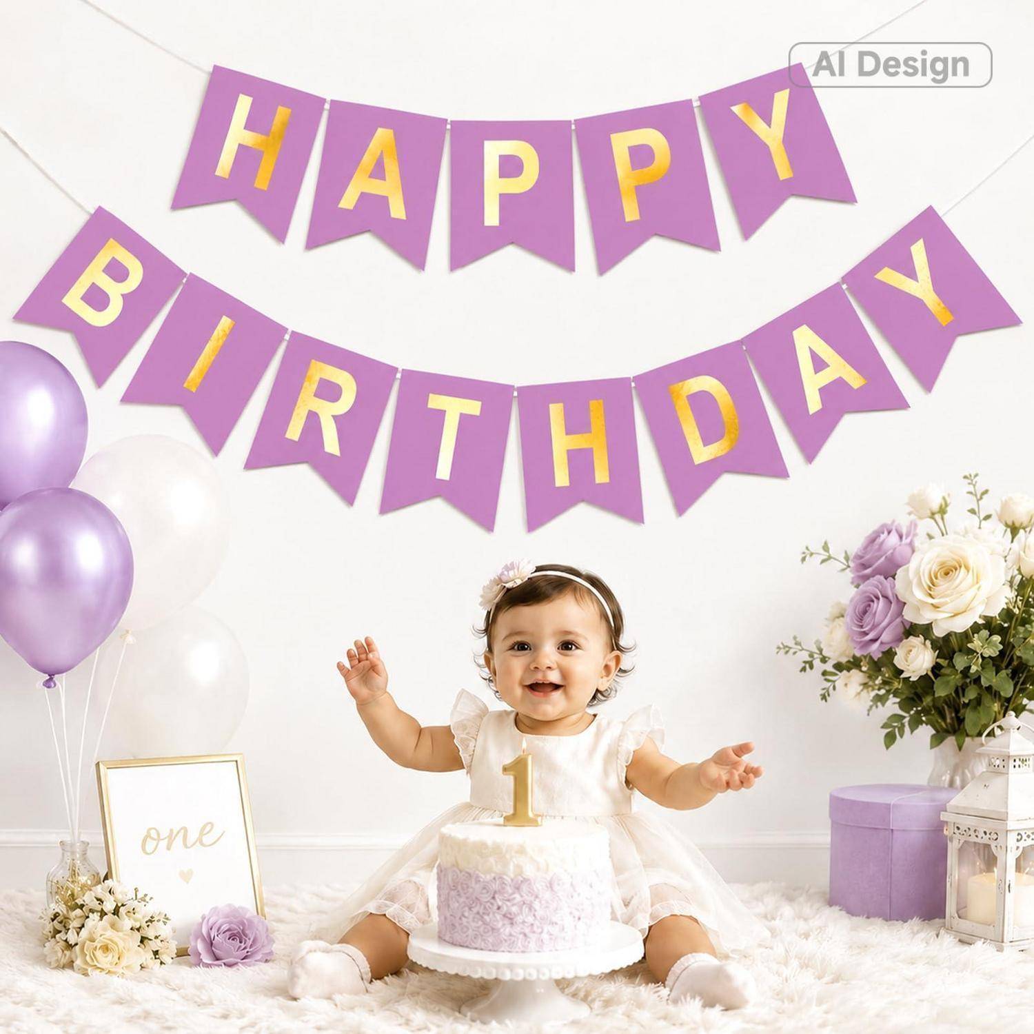 Kleines Mädchen im weißen Kleid sitzt mit einer Geburtstagstorte zum ersten Geburtstag unter einem "ALLES GUTE ZUM GEBURTSTAG""-Banner, mit lila Luftballons und Blumen.