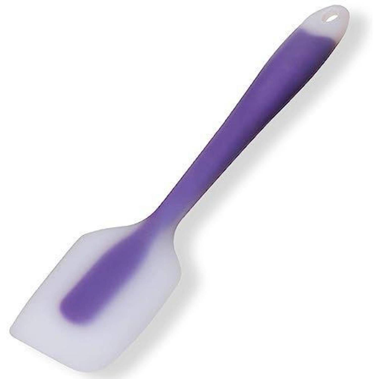 Violetter Silikonspatel mit weißem flexiblem Kopf und Aufhängeloch, gezeigt auf weißem Hintergrund.