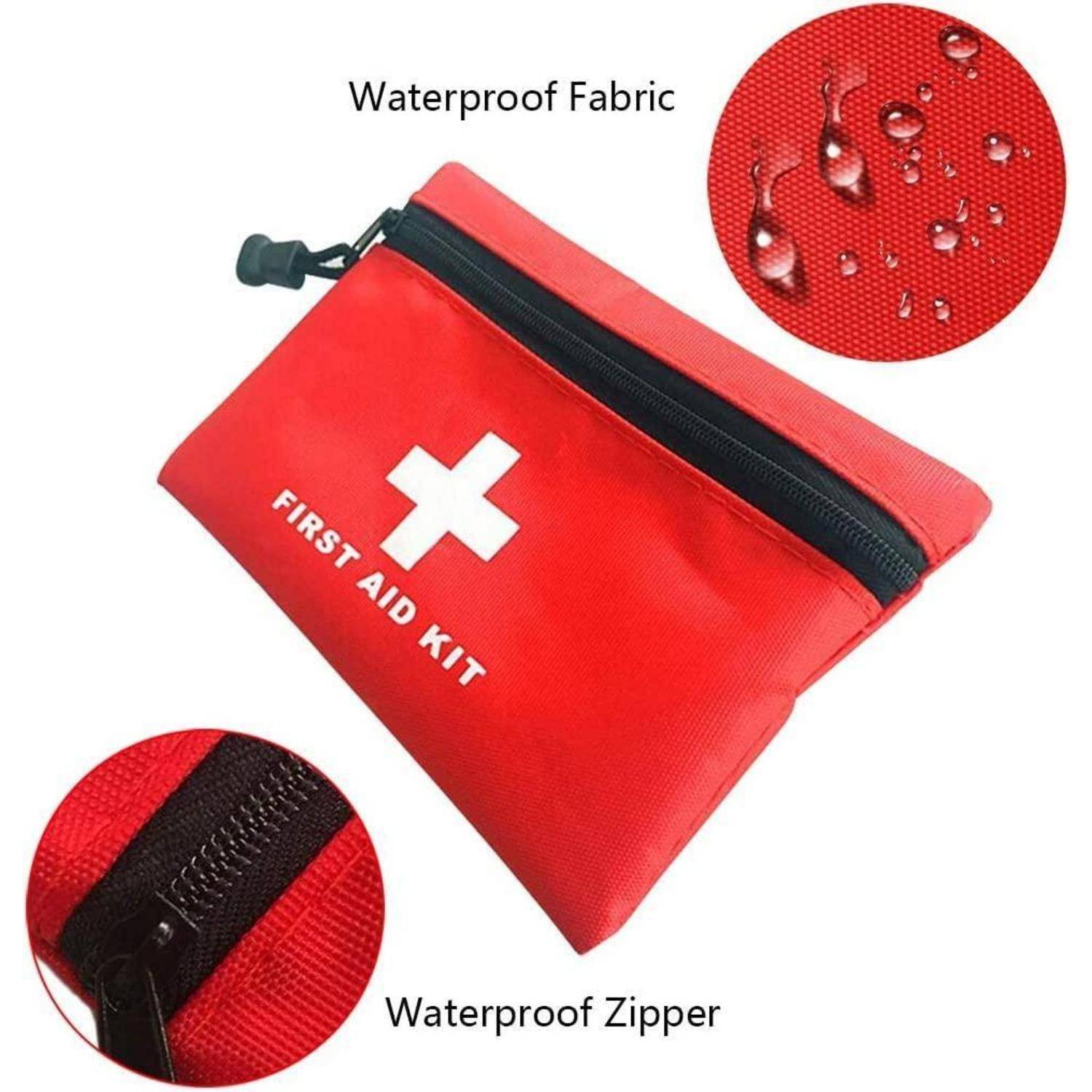 Rote Erste-Hilfe-Tasche mit weißem Kreuz und Text „FIRST AID KIT", zeigt Nahaufnahmen von wasserdichtem Stoff und Reißverschluss.