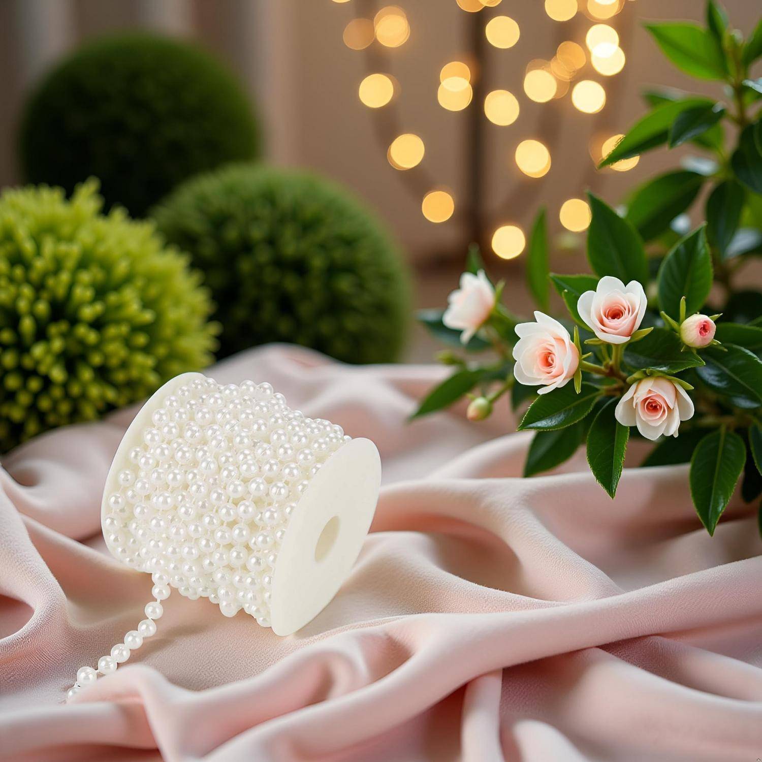 Spule mit weißen Perlen auf rosa Seide neben grünem Laub und kleinen weiß-rosa Blüten mit warmen Bokeh-Lichtern im Hintergrund.