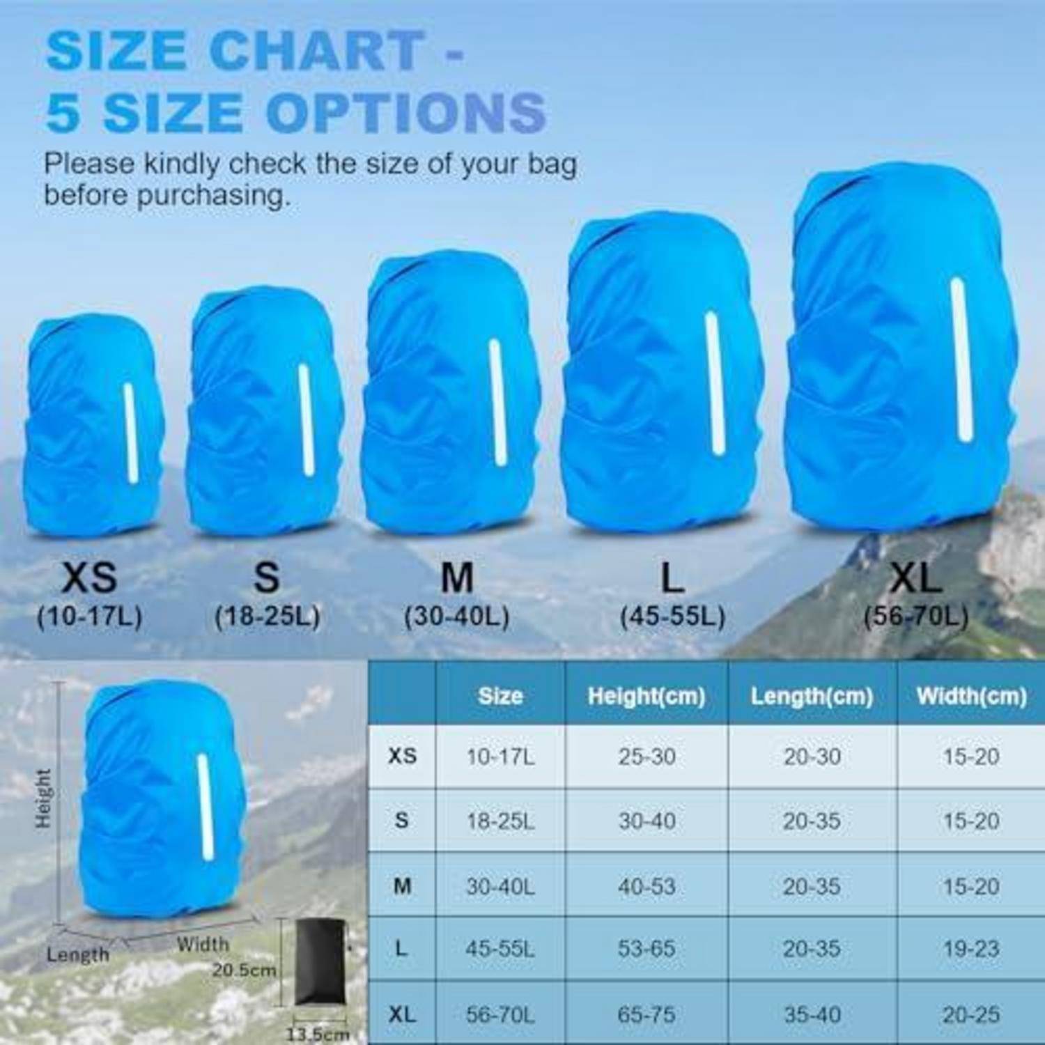 Größentabelle für Taschen mit 5 Optionen: XS 10-17L, S 18-25L, M 30-40L, L 45-55L, XL 56-70L, mit Angaben für Höhe, Länge und Breite.