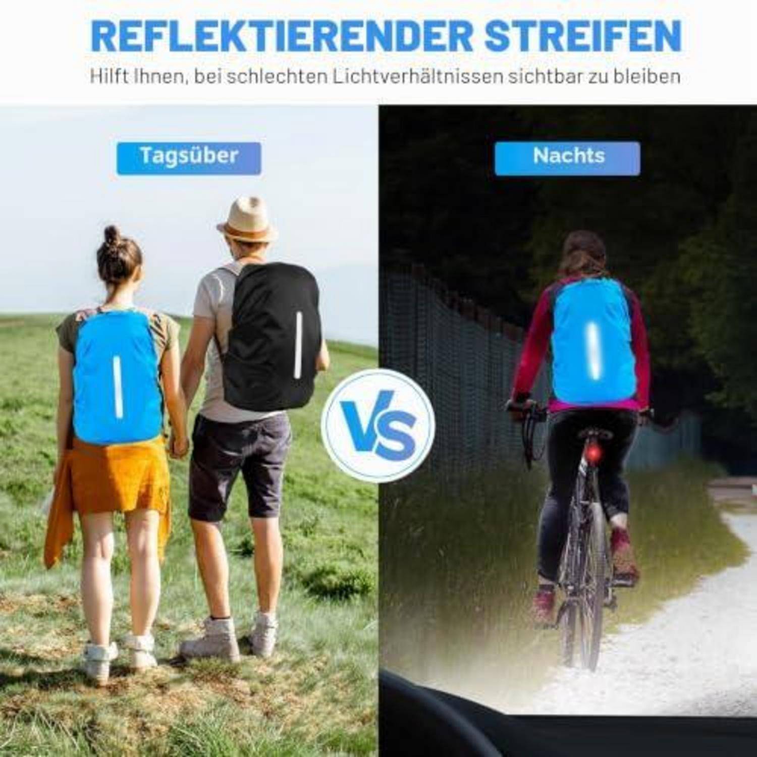 Reflektierende Streifen auf einem Rucksack; Vergleich der Sichtbarkeit tagsüber ('Tagsüber') versus nachts ('Nachts') für Sicherheit.