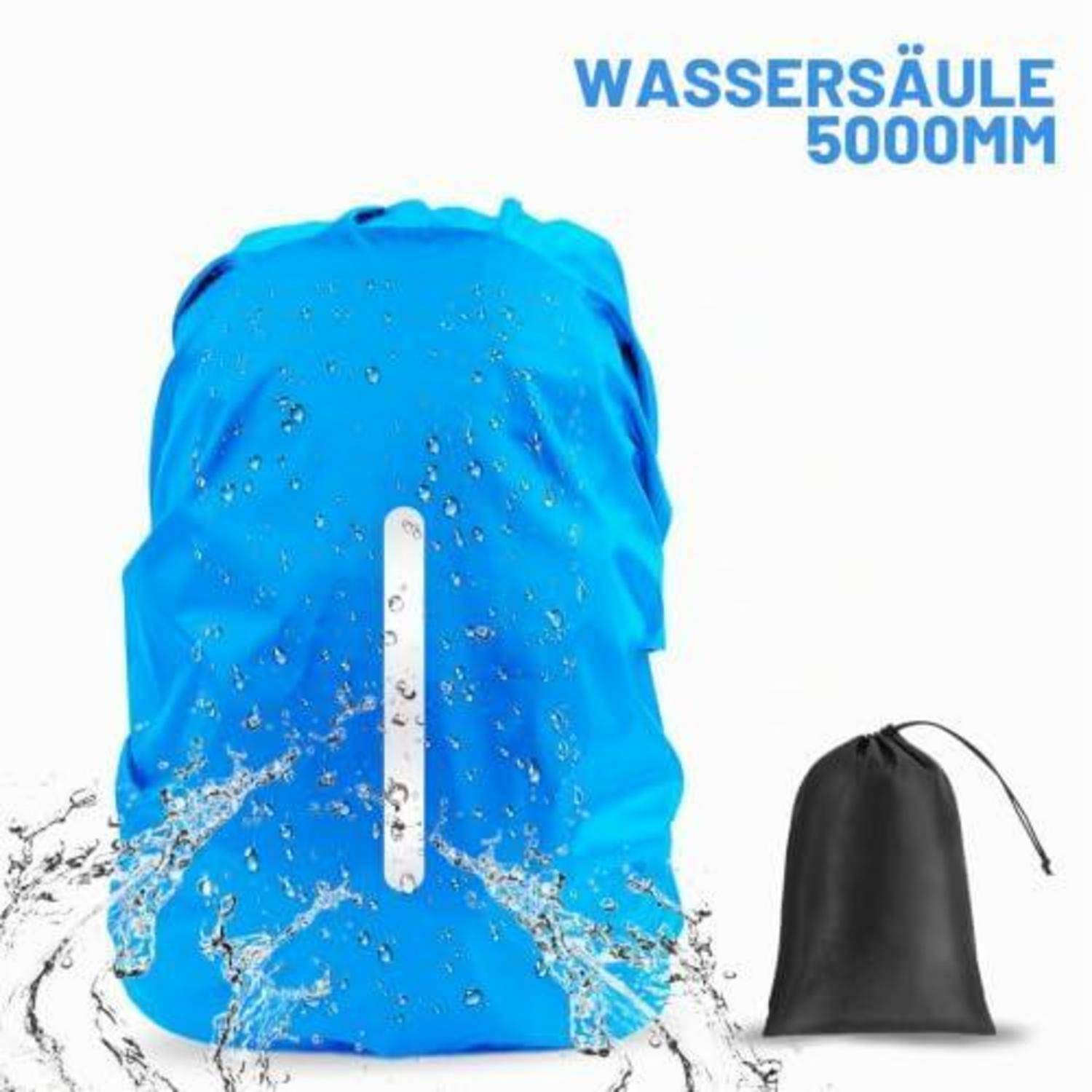 Blauer wasserdichter Rucksacküberzug mit Wasser, das abspritzt; Text liest sich „WASSERSÄULE 5000MM"; kleiner schwarzer Aufbewahrungsbeutel daneben.