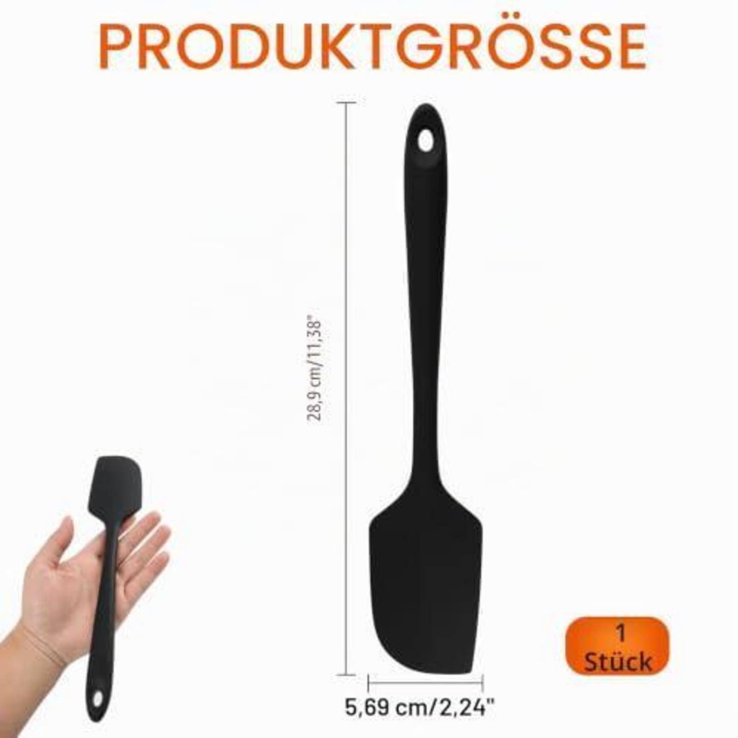 Größendiagramm eines schwarzen Spatels mit der Bezeichnung „PRODUKTGRÖSSE