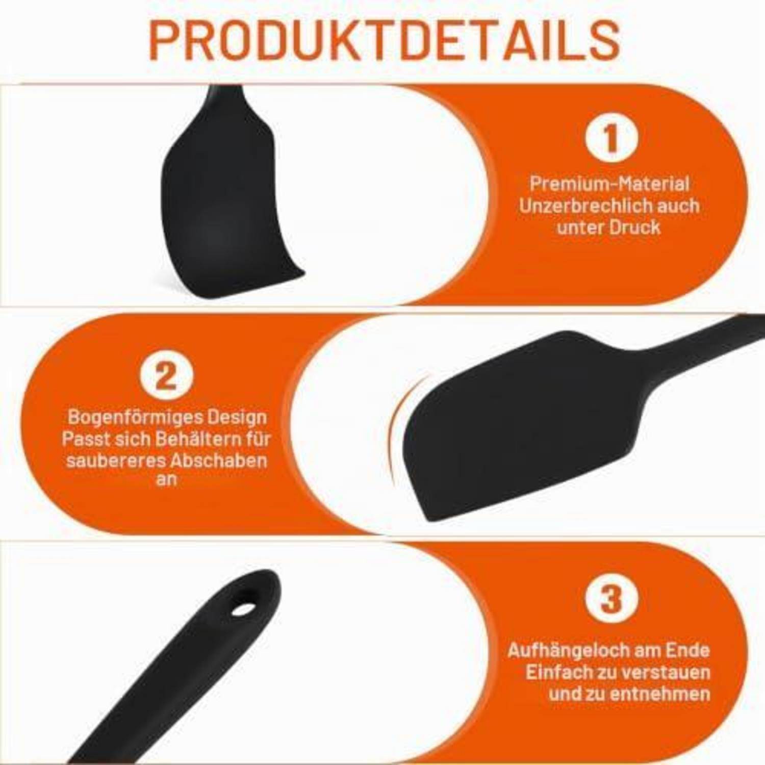 Produktdetails-Infografik mit einem schwarzen Schöpfer/Spatel mit drei Hinweisen: Premium-Material, das nicht zu brechen ist, gekrümmtes Design für sauberes Kratzen und Aufhängeloch für einfache Lagerung.